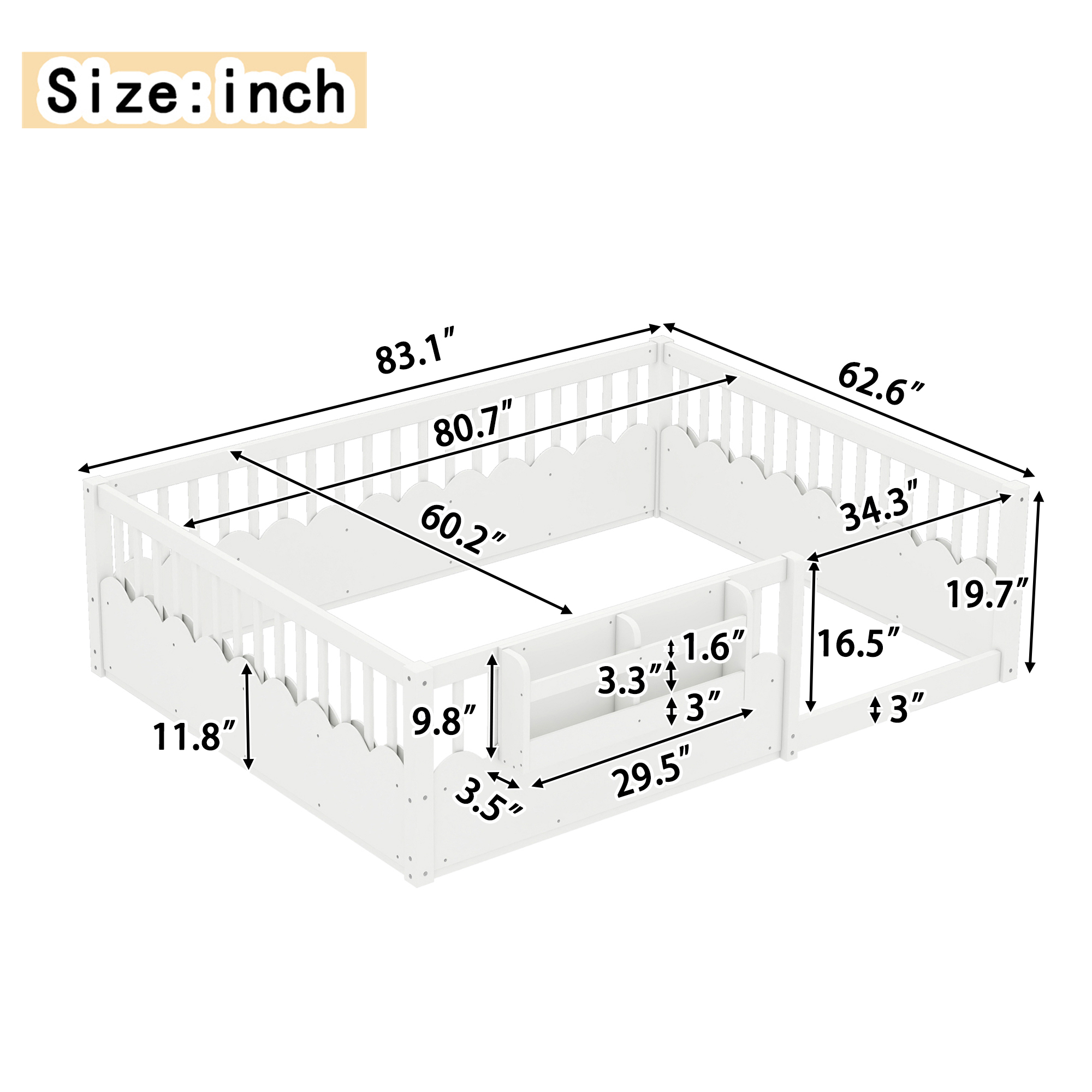 Queen Floor bed with Heightened Fence and bookshelf ,Wood Floor Bed for Kids, White. - Image 4