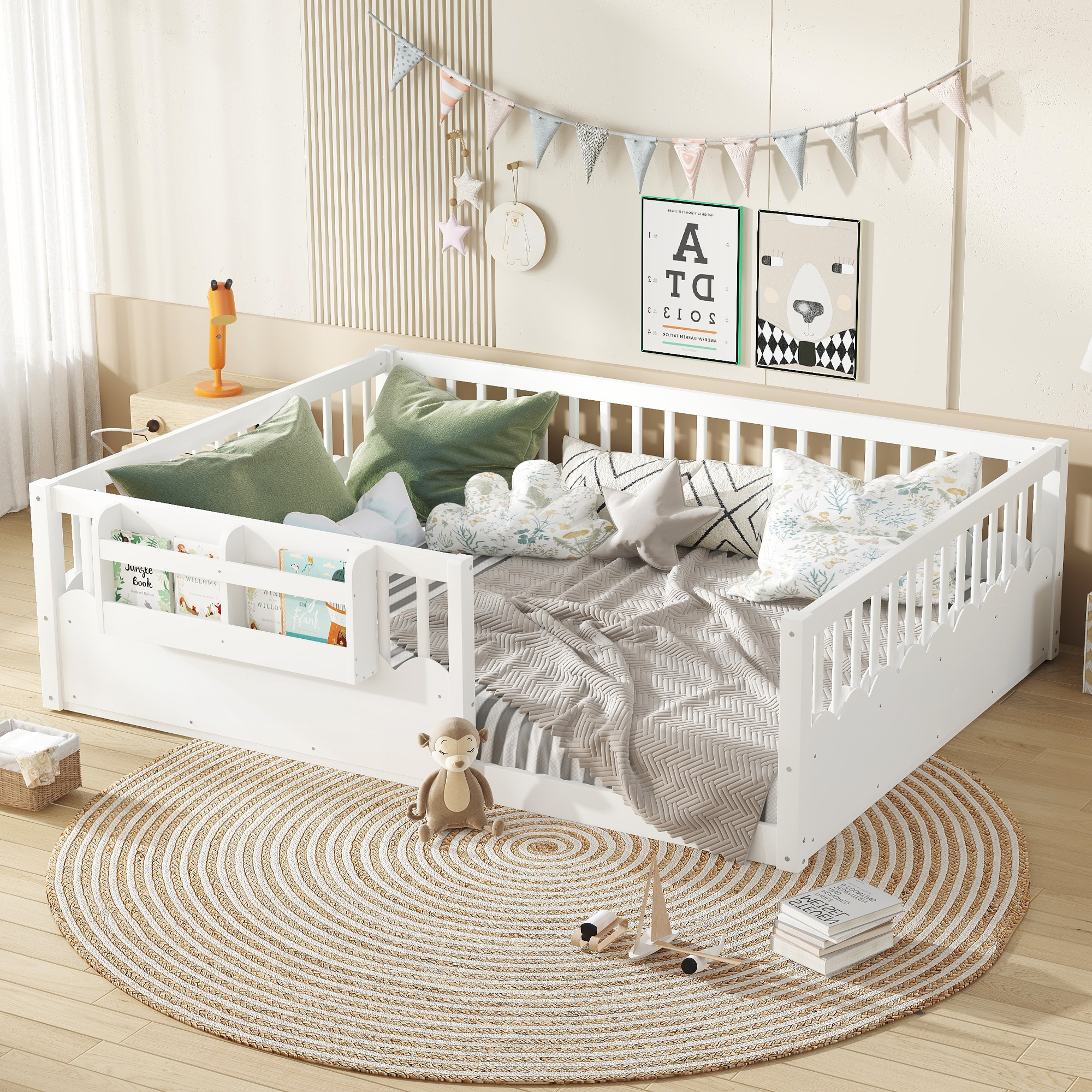 Queen Floor bed with Heightened Fence and bookshelf ,Wood Floor Bed for Kids, White. - Image 3