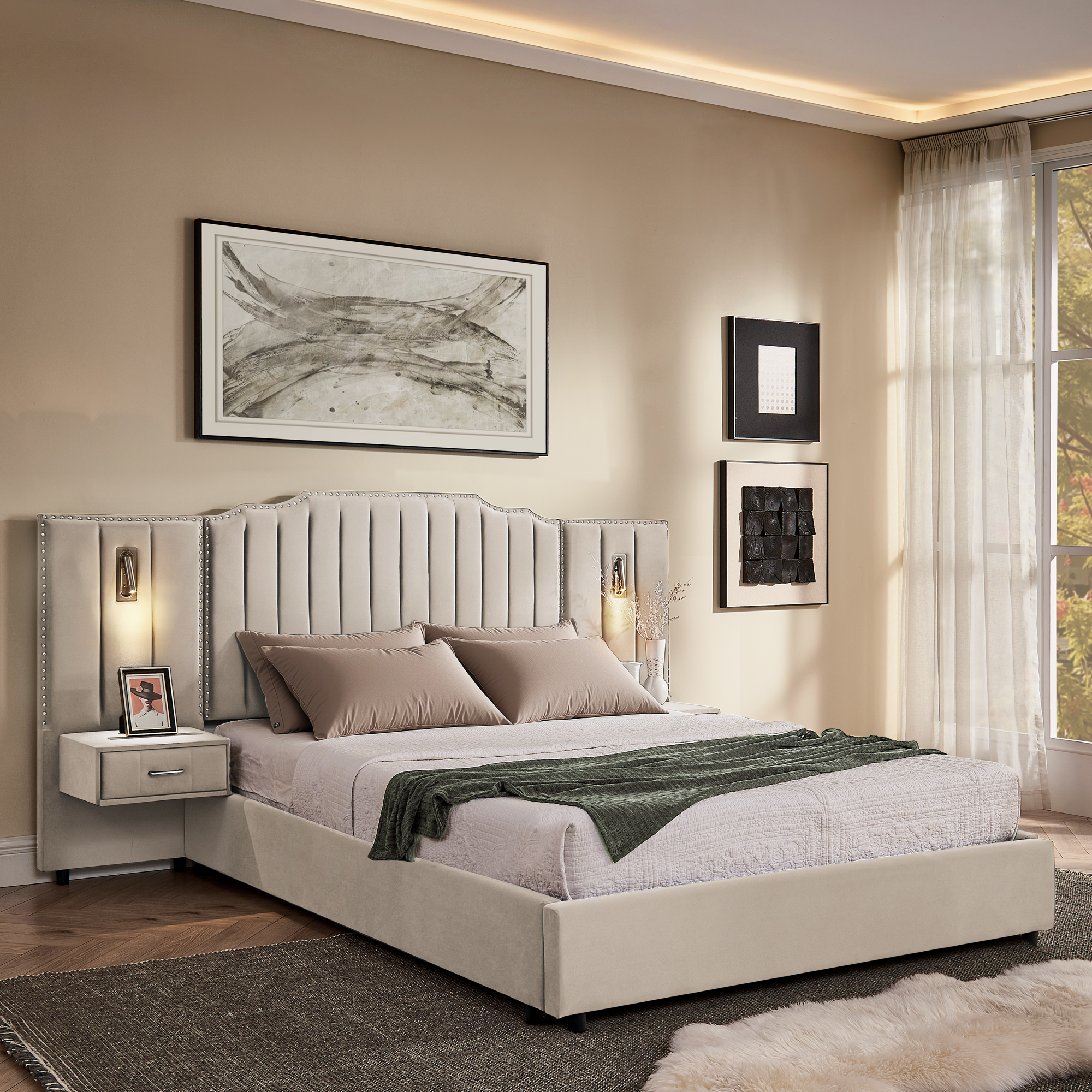 Queen Size Upholstered Bed Frame with Velvet Fabric, Vertical Stripe Design with Buttons Around Platform Bed with Headboard, Solid Frame & Bedside Table – No Box Spring Needed-Beige