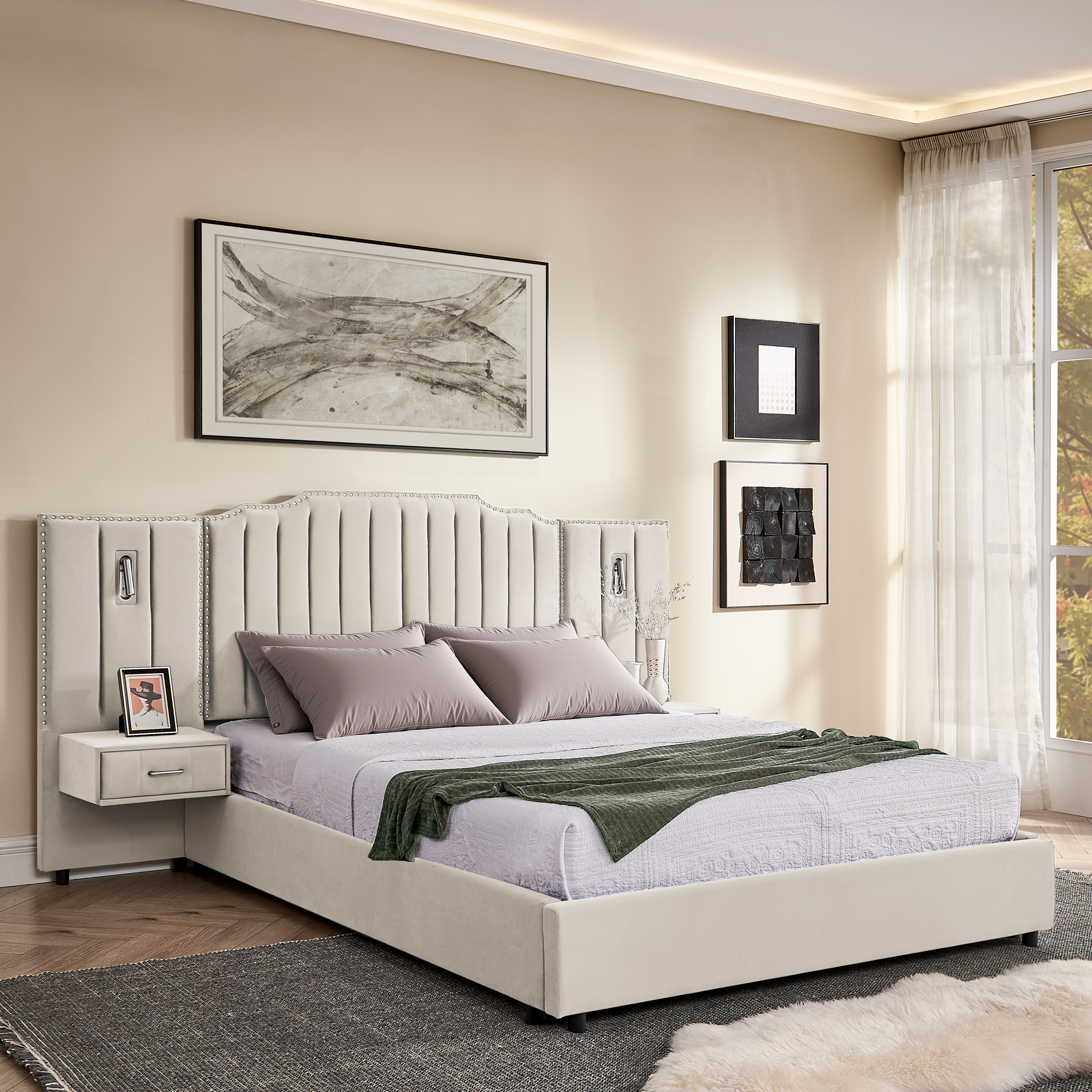 Queen Size Upholstered Bed Frame with Velvet Fabric, Vertical Stripe Design with Buttons Around Platform Bed with Headboard, Solid Frame & Bedside Table - No Box Spring Needed-Beige - Image 2