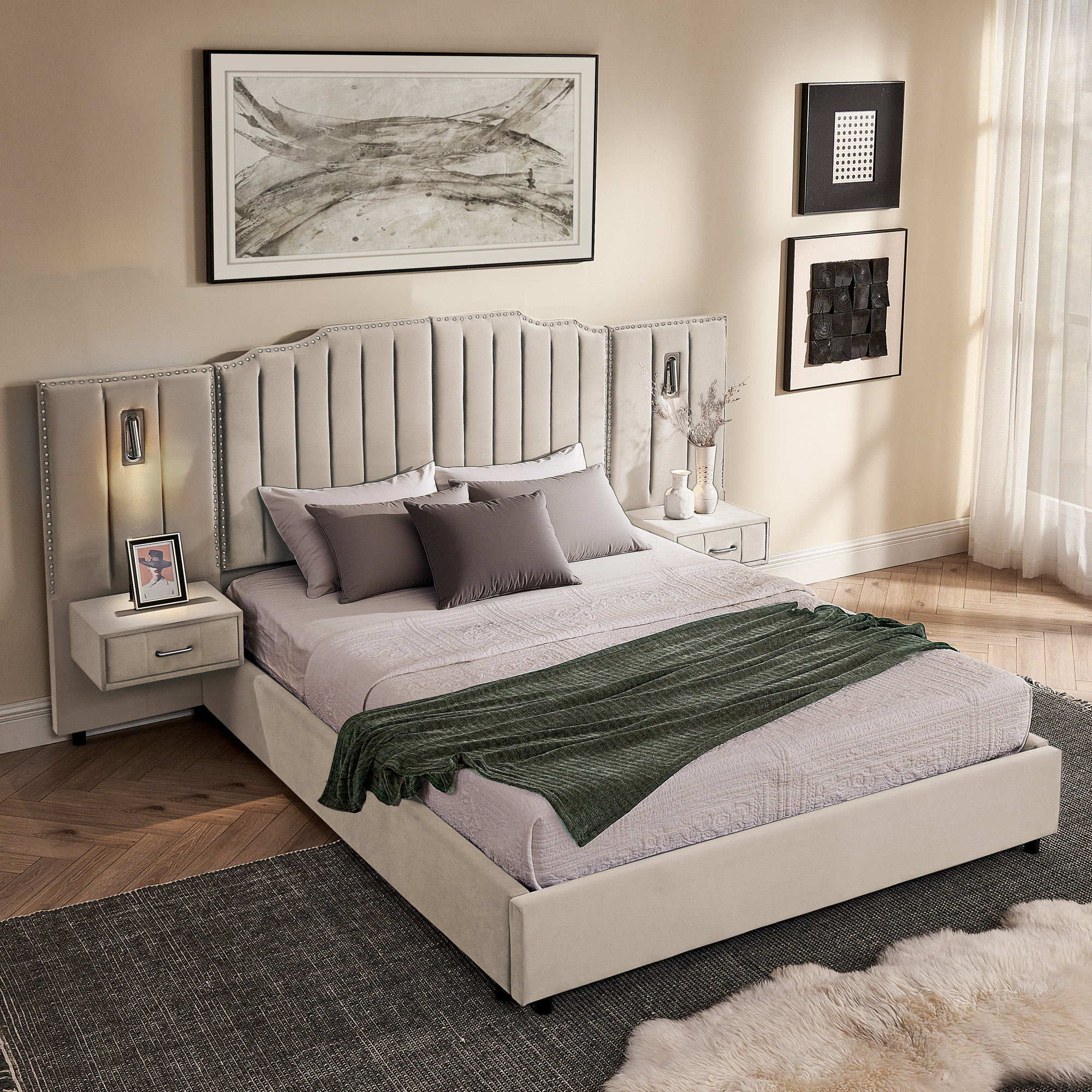 Queen Size Upholstered Bed Frame with Velvet Fabric, Vertical Stripe Design with Buttons Around Platform Bed with Headboard, Solid Frame & Bedside Table - No Box Spring Needed-Beige - Image 3