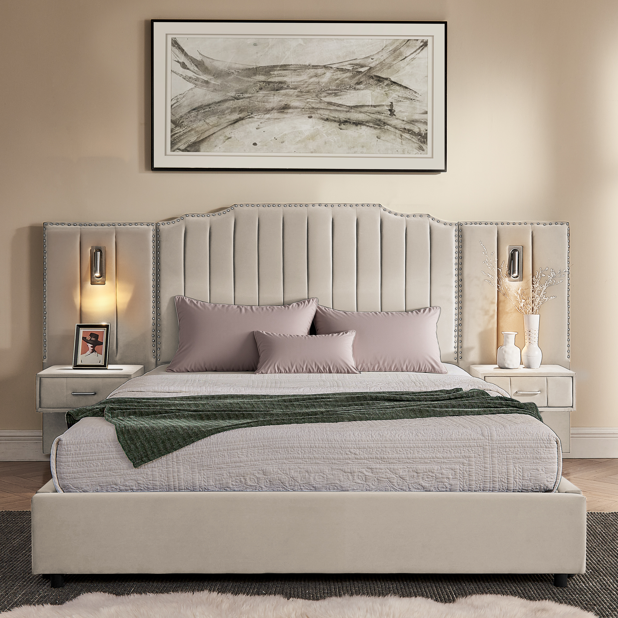 Queen Size Upholstered Bed Frame with Velvet Fabric, Vertical Stripe Design with Buttons Around Platform Bed with Headboard, Solid Frame & Bedside Table - No Box Spring Needed-Beige - Image 5