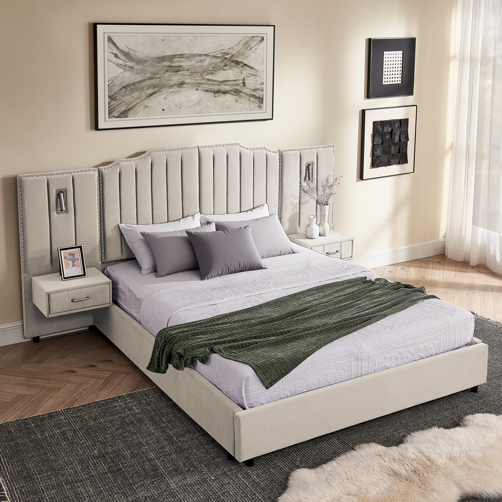 Queen Size Upholstered Bed Frame with Velvet Fabric, Vertical Stripe Design with Buttons Around Platform Bed with Headboard, Solid Frame & Bedside Table - No Box Spring Needed-Beige - Image 4