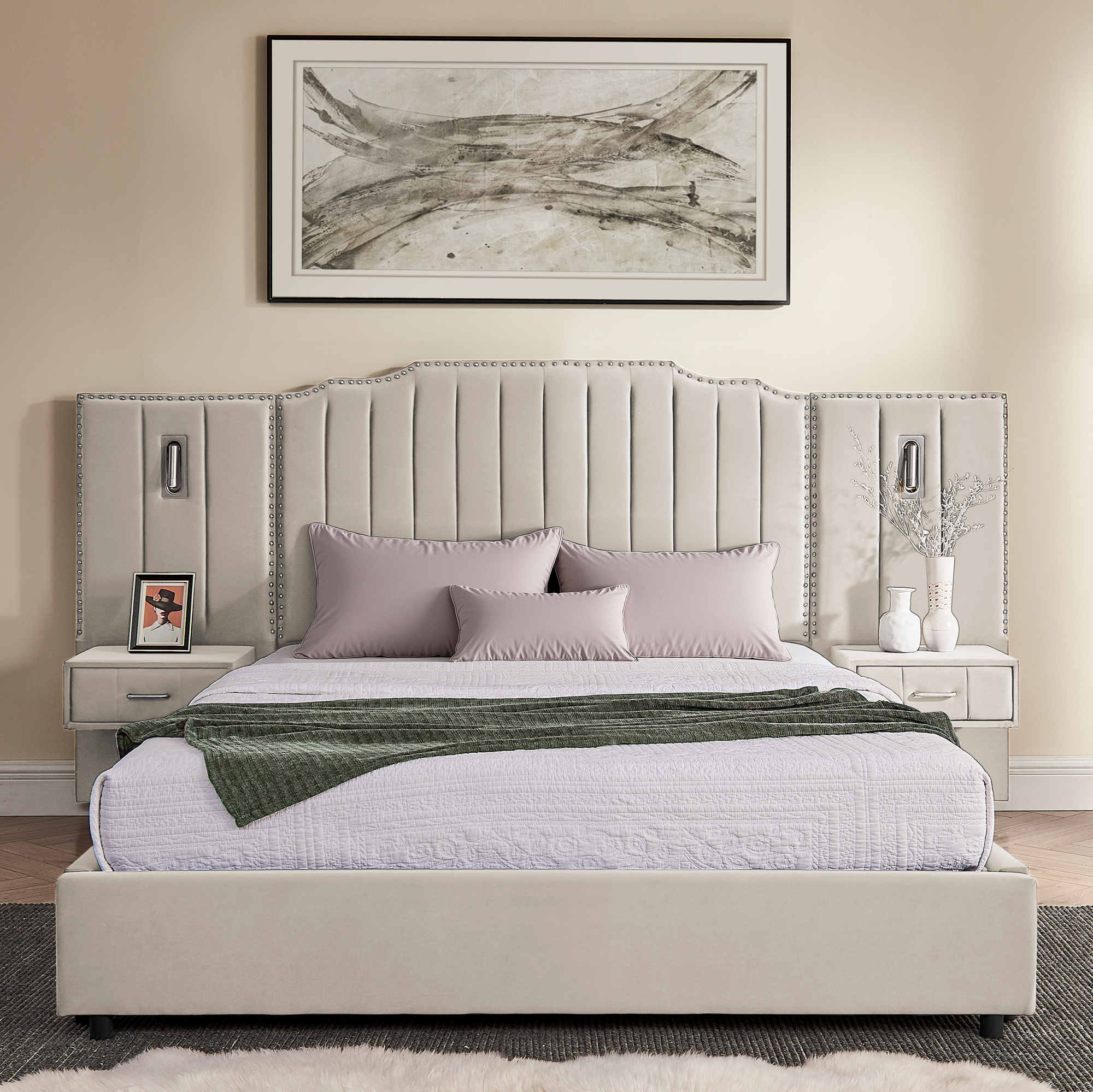 Queen Size Upholstered Bed Frame with Velvet Fabric, Vertical Stripe Design with Buttons Around Platform Bed with Headboard, Solid Frame & Bedside Table - No Box Spring Needed-Beige - Image 6