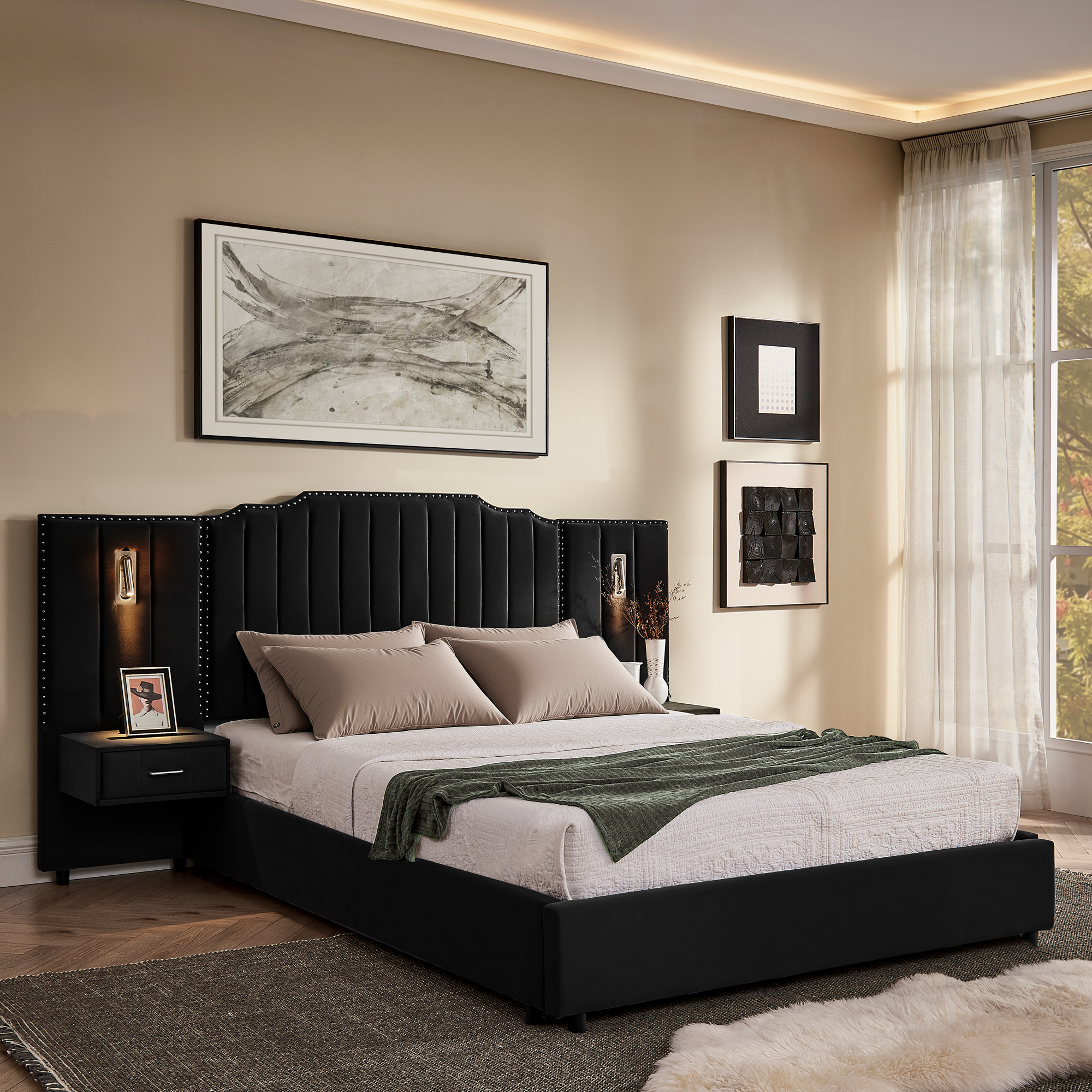 Queen Size Upholstered Bed Frame with Velvet Fabric, Vertical Stripe Design with Buttons Around Platform Bed with Headboard, Solid Frame & Bedside Table – No Box Spring Needed-Black