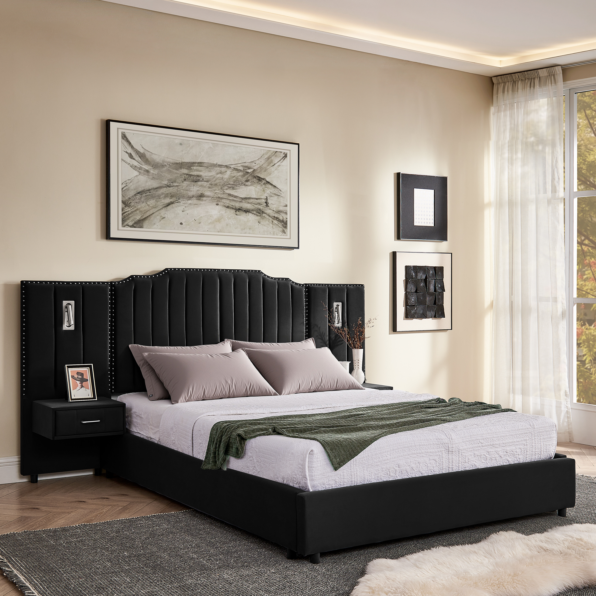 Queen Size Upholstered Bed Frame with Velvet Fabric, Vertical Stripe Design with Buttons Around Platform Bed with Headboard, Solid Frame & Bedside Table - No Box Spring Needed-Black - Image 2