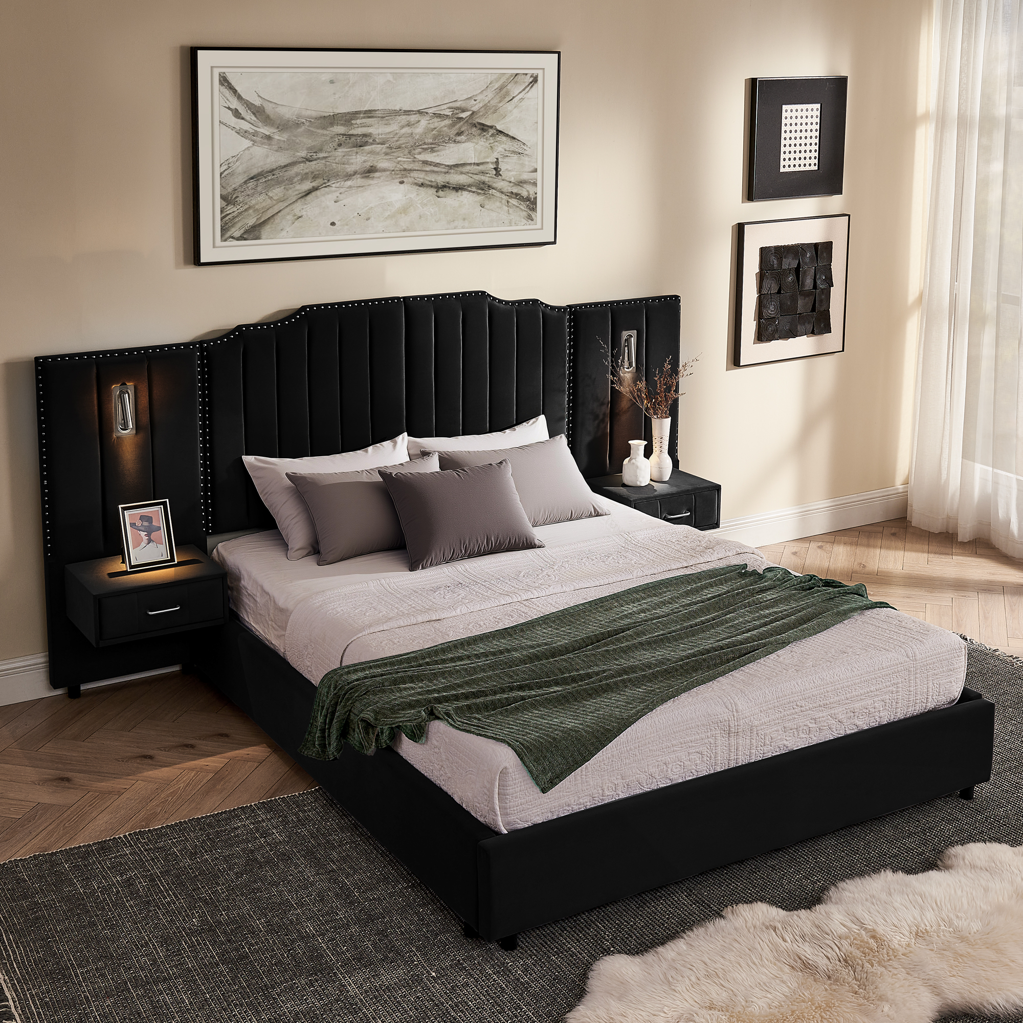 Queen Size Upholstered Bed Frame with Velvet Fabric, Vertical Stripe Design with Buttons Around Platform Bed with Headboard, Solid Frame & Bedside Table - No Box Spring Needed-Black - Image 3