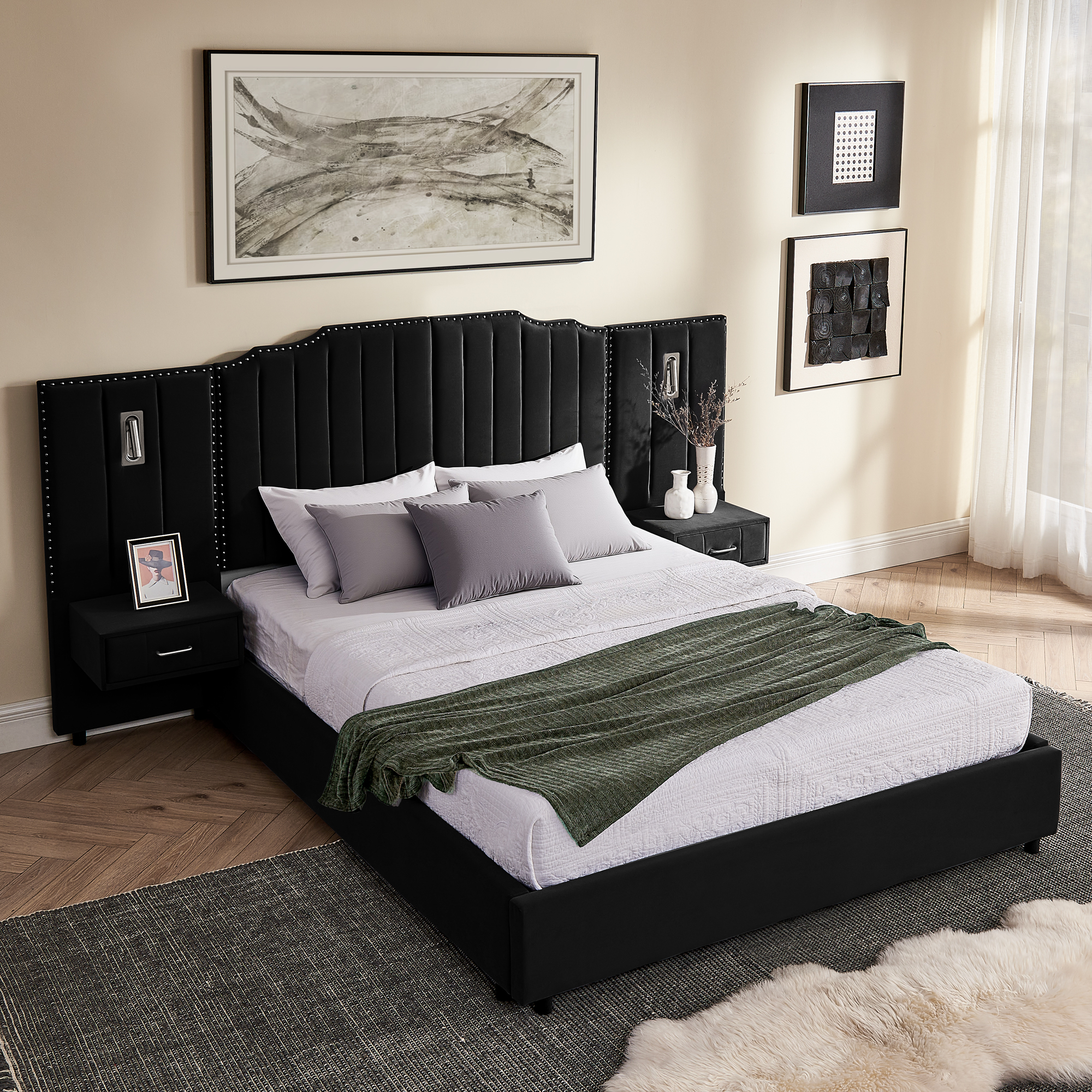 Queen Size Upholstered Bed Frame with Velvet Fabric, Vertical Stripe Design with Buttons Around Platform Bed with Headboard, Solid Frame & Bedside Table - No Box Spring Needed-Black - Image 4