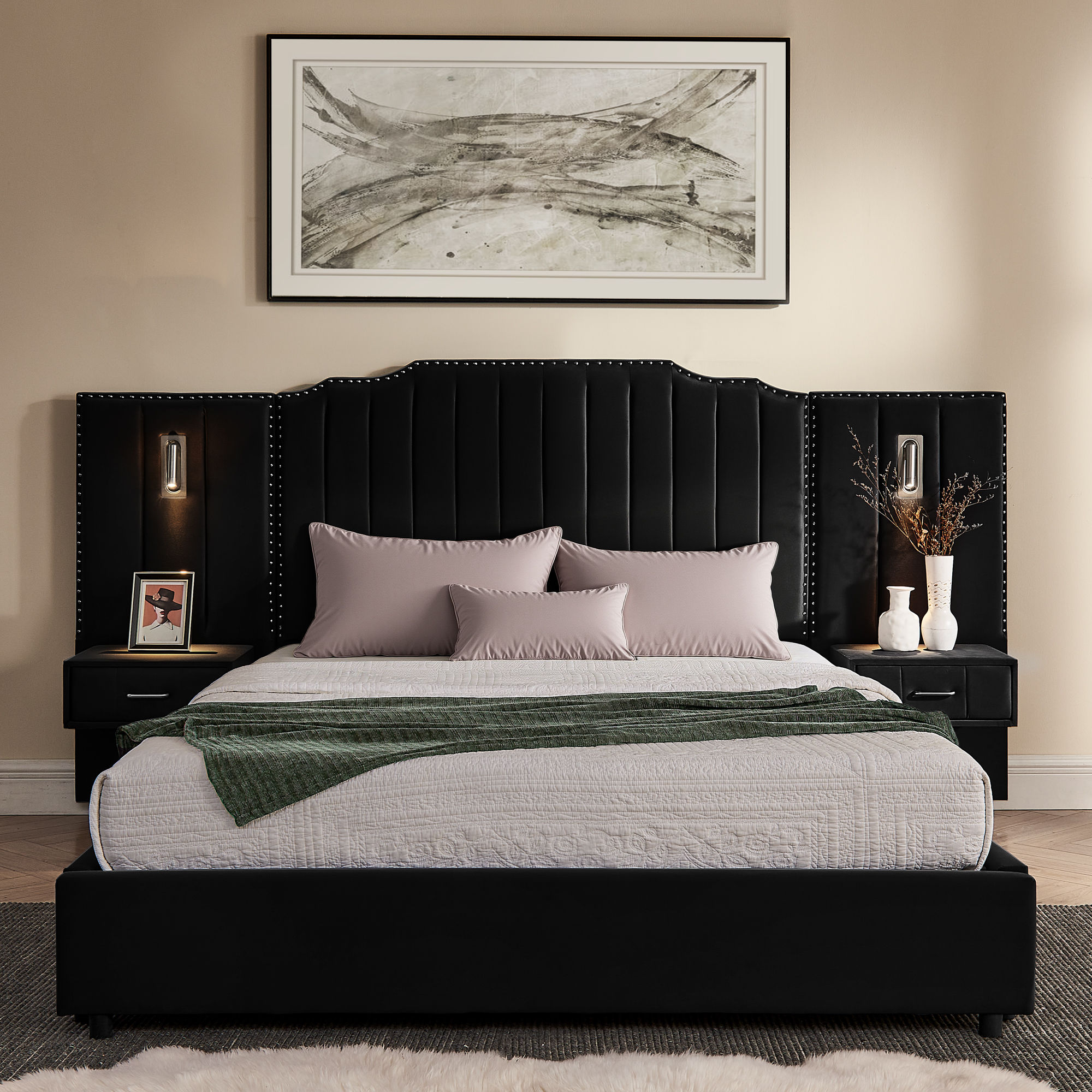 Queen Size Upholstered Bed Frame with Velvet Fabric, Vertical Stripe Design with Buttons Around Platform Bed with Headboard, Solid Frame & Bedside Table - No Box Spring Needed-Black - Image 5