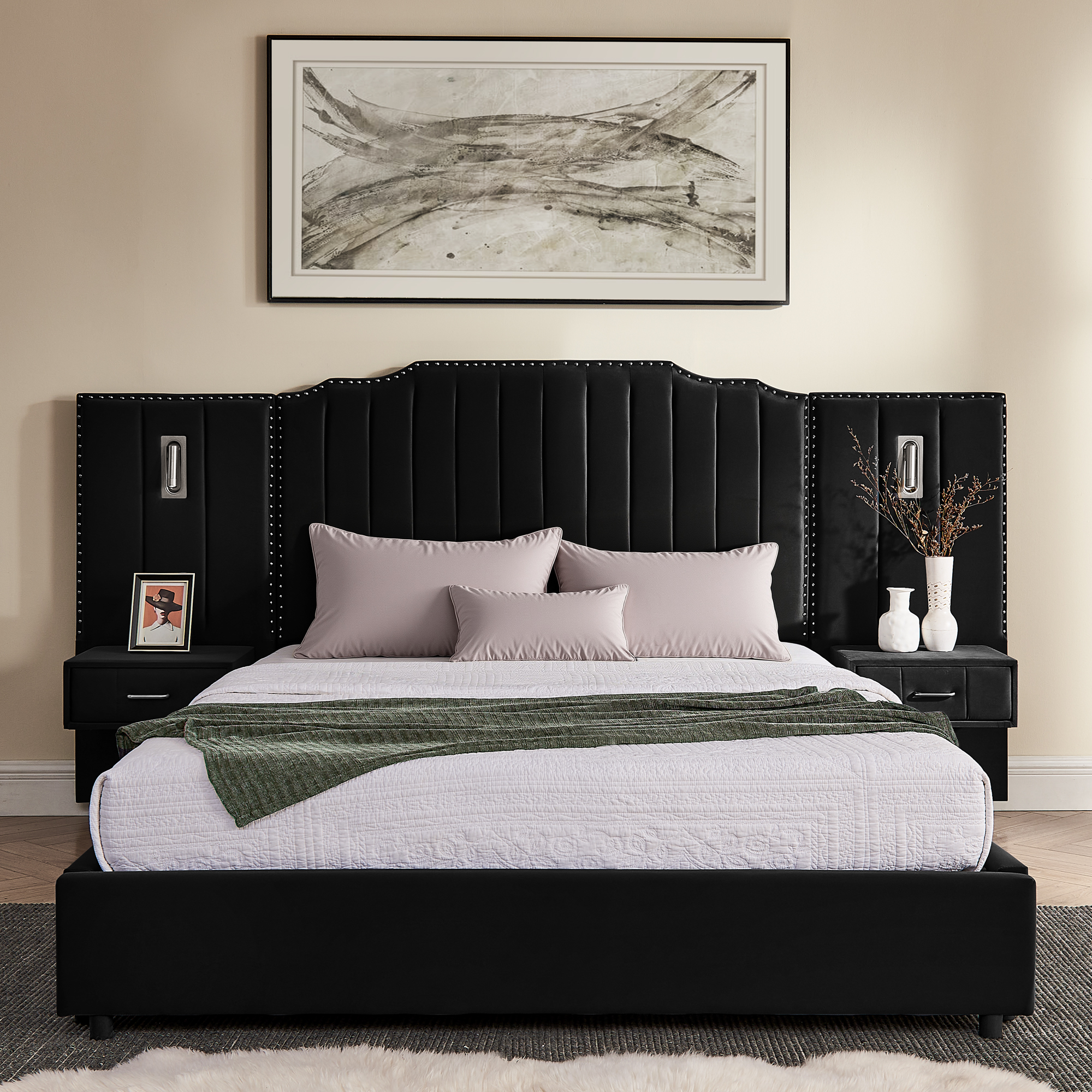 Queen Size Upholstered Bed Frame with Velvet Fabric, Vertical Stripe Design with Buttons Around Platform Bed with Headboard, Solid Frame & Bedside Table - No Box Spring Needed-Black - Image 6