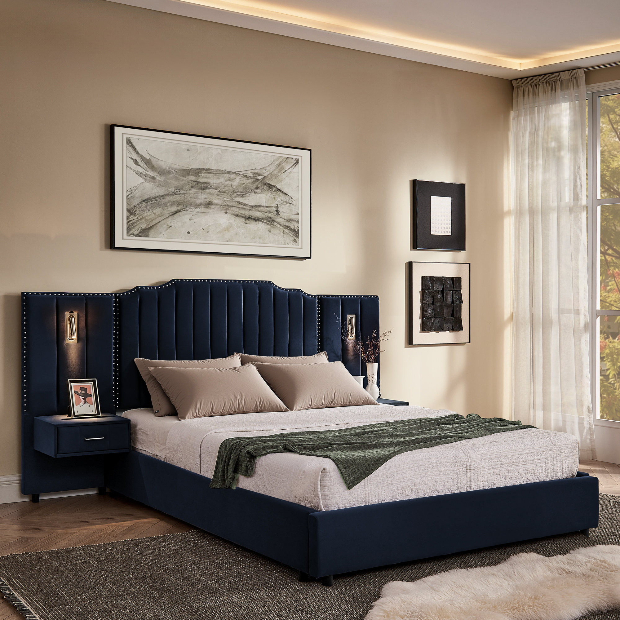 Queen Size Upholstered Bed Frame with Velvet Fabric, Vertical Stripe Design with Buttons Around Platform Bed with Headboard, Solid Frame & Bedside Table - No Box Spring Needed-Dark Blue - Image 1