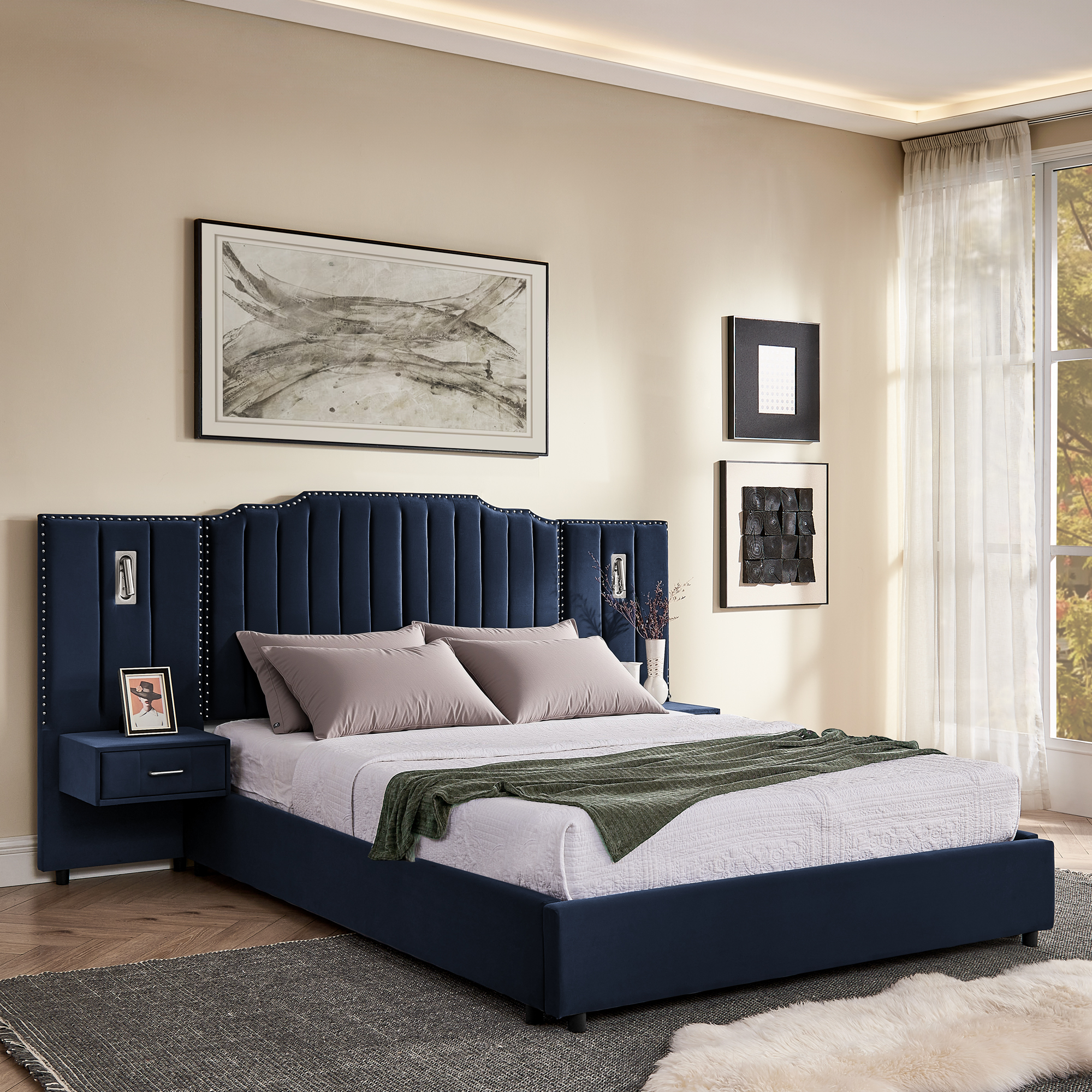 Queen Size Upholstered Bed Frame with Velvet Fabric, Vertical Stripe Design with Buttons Around Platform Bed with Headboard, Solid Frame & Bedside Table - No Box Spring Needed-Dark Blue - Image 2