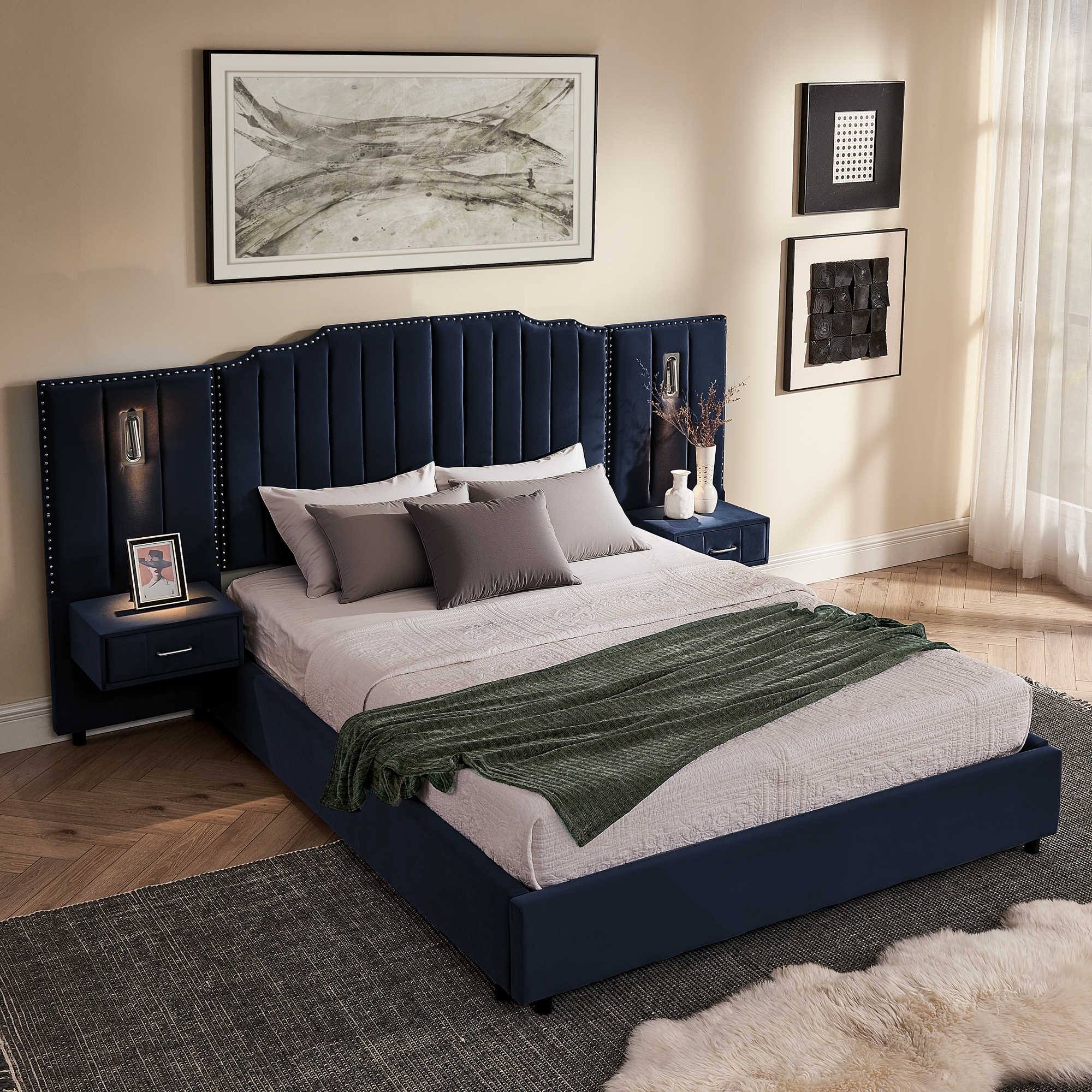 Queen Size Upholstered Bed Frame with Velvet Fabric, Vertical Stripe Design with Buttons Around Platform Bed with Headboard, Solid Frame & Bedside Table - No Box Spring Needed-Dark Blue - Image 3