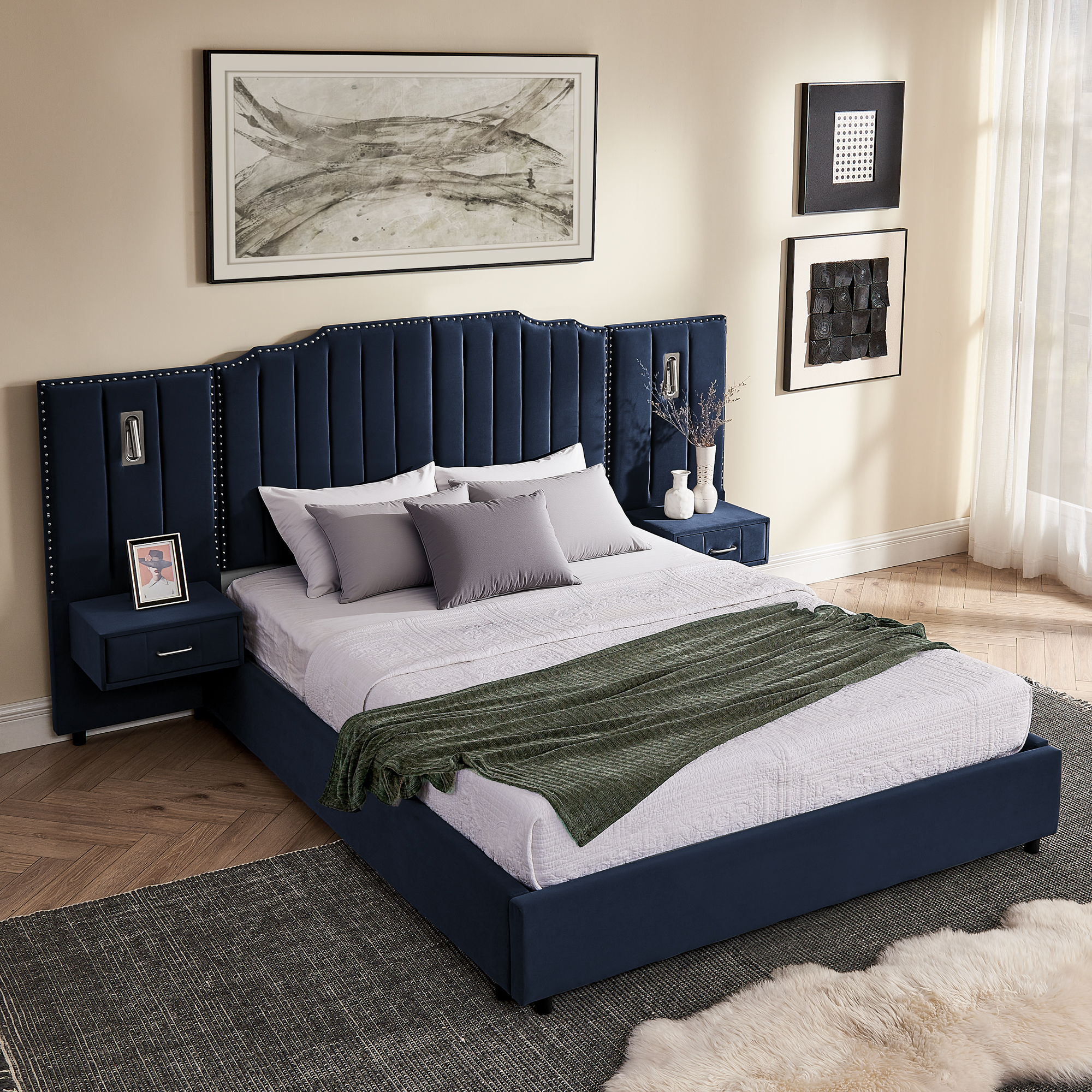 Queen Size Upholstered Bed Frame with Velvet Fabric, Vertical Stripe Design with Buttons Around Platform Bed with Headboard, Solid Frame & Bedside Table - No Box Spring Needed-Dark Blue - Image 4