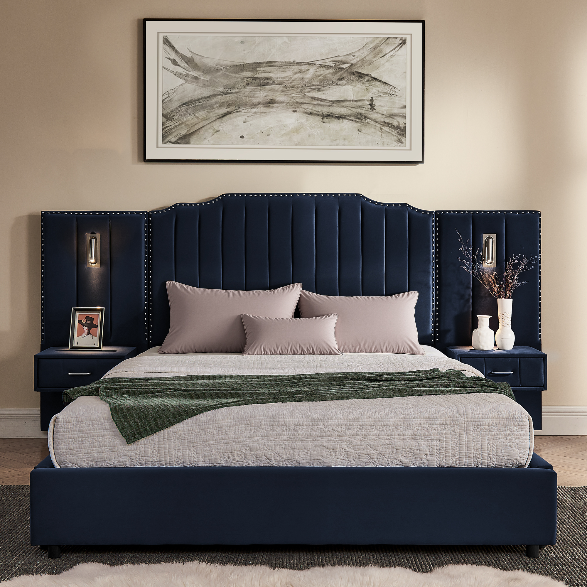 Queen Size Upholstered Bed Frame with Velvet Fabric, Vertical Stripe Design with Buttons Around Platform Bed with Headboard, Solid Frame & Bedside Table - No Box Spring Needed-Dark Blue - Image 5