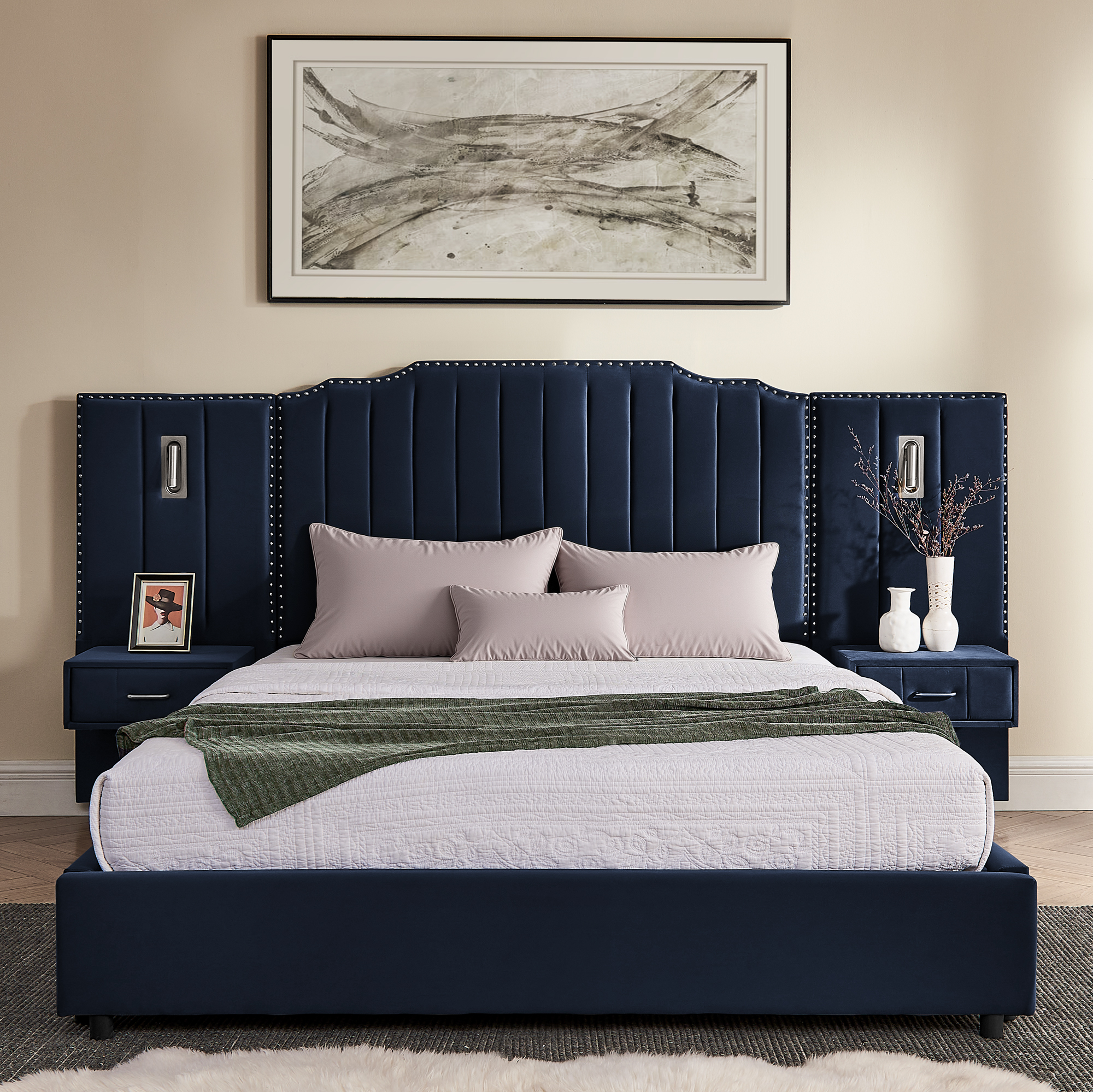 Queen Size Upholstered Bed Frame with Velvet Fabric, Vertical Stripe Design with Buttons Around Platform Bed with Headboard, Solid Frame & Bedside Table - No Box Spring Needed-Dark Blue - Image 6