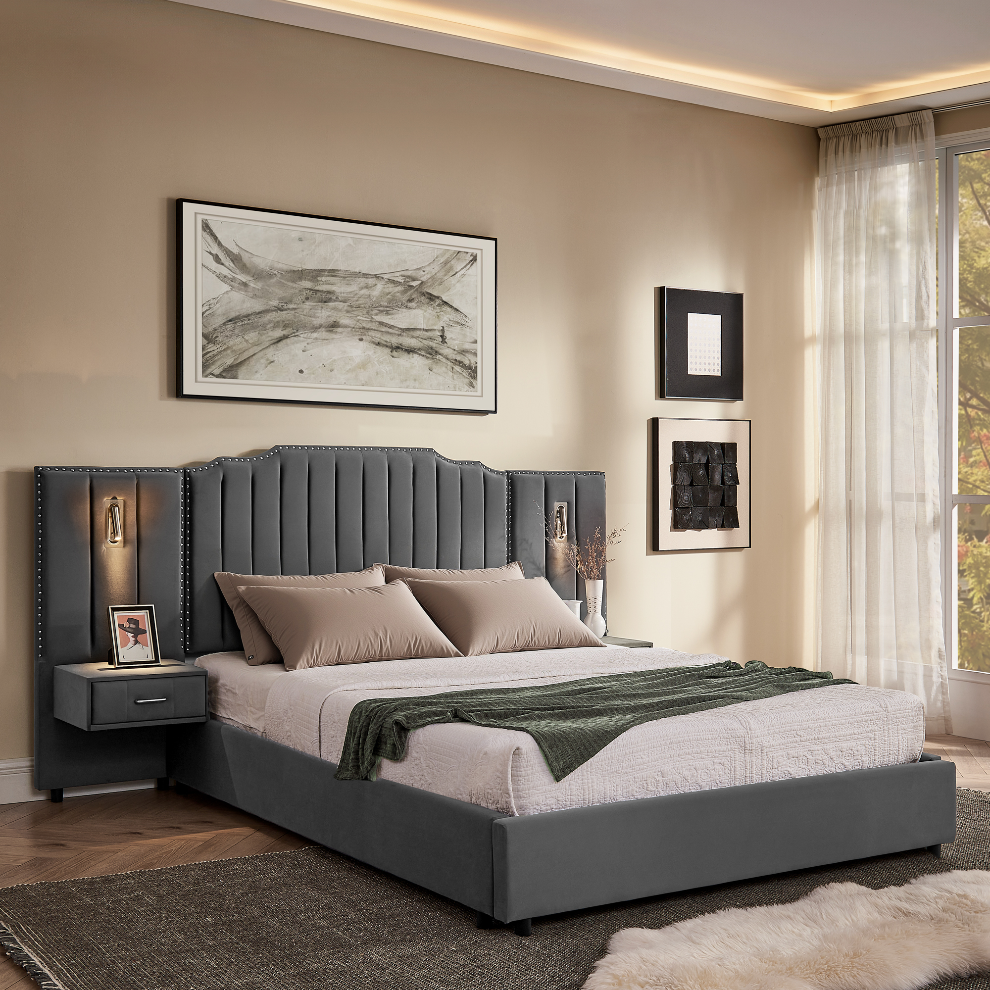Queen Size Upholstered Bed Frame with Velvet Fabric, Vertical Stripe Design with Buttons Around Platform Bed with Headboard, Solid Frame & Bedside Table - No Box Spring Needed-Gray - Image 1