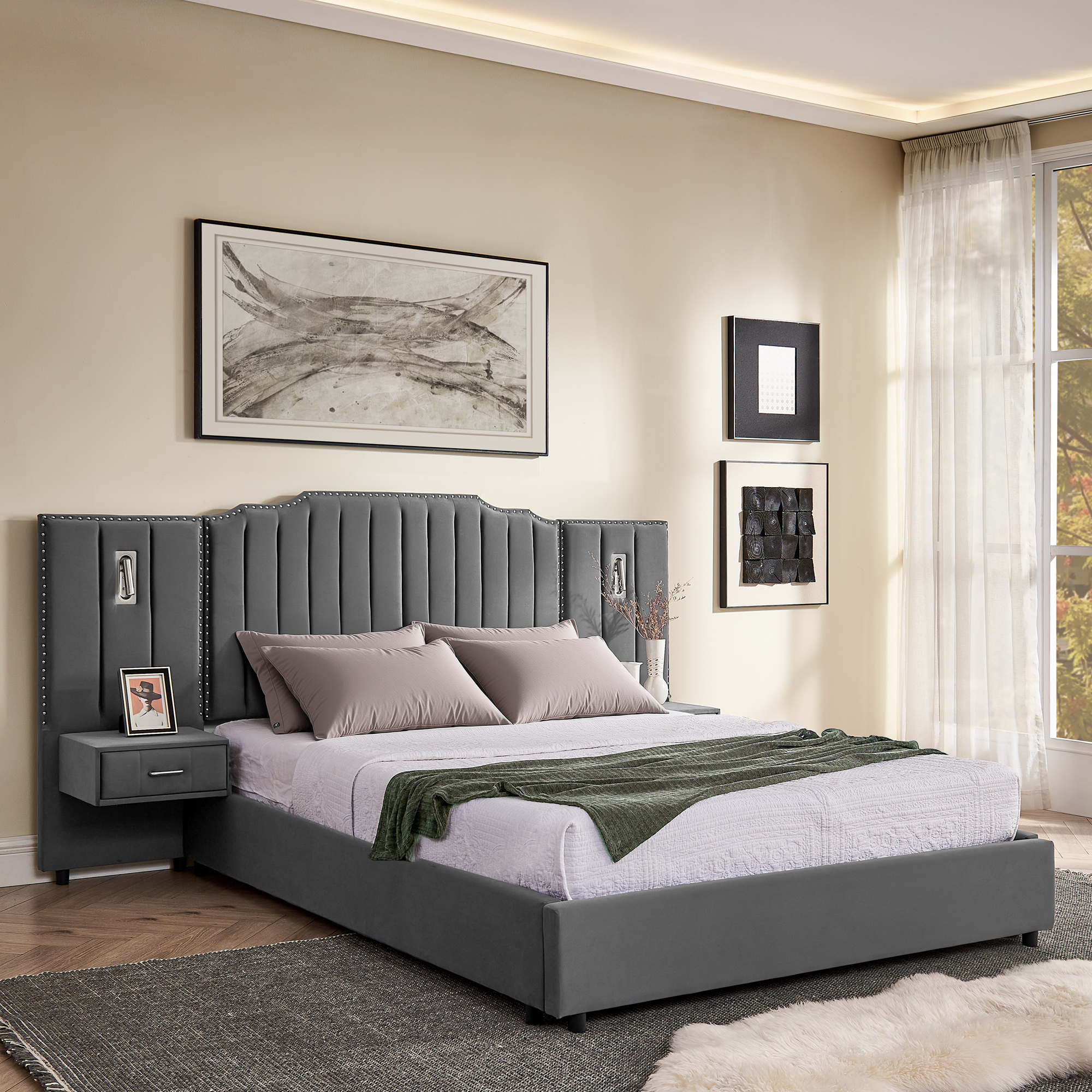Queen Size Upholstered Bed Frame with Velvet Fabric, Vertical Stripe Design with Buttons Around Platform Bed with Headboard, Solid Frame & Bedside Table - No Box Spring Needed-Gray - Image 2