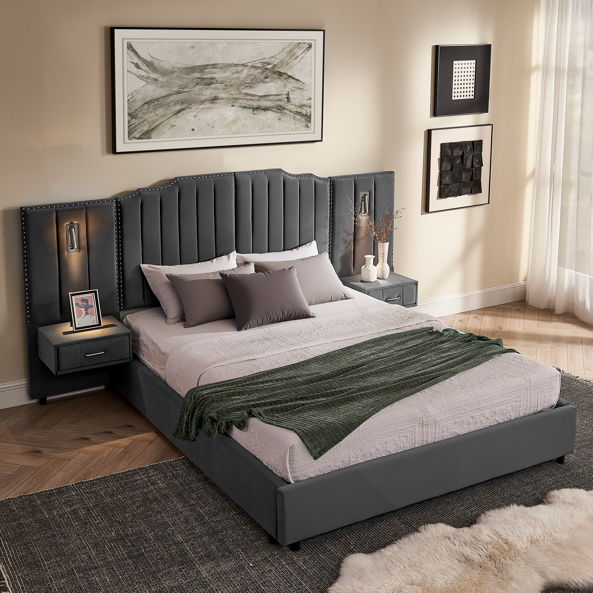 Queen Size Upholstered Bed Frame with Velvet Fabric, Vertical Stripe Design with Buttons Around Platform Bed with Headboard, Solid Frame & Bedside Table - No Box Spring Needed-Gray - Image 3