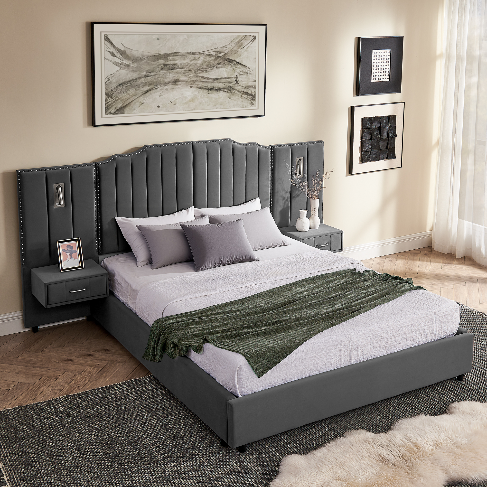 Queen Size Upholstered Bed Frame with Velvet Fabric, Vertical Stripe Design with Buttons Around Platform Bed with Headboard, Solid Frame & Bedside Table - No Box Spring Needed-Gray - Image 4
