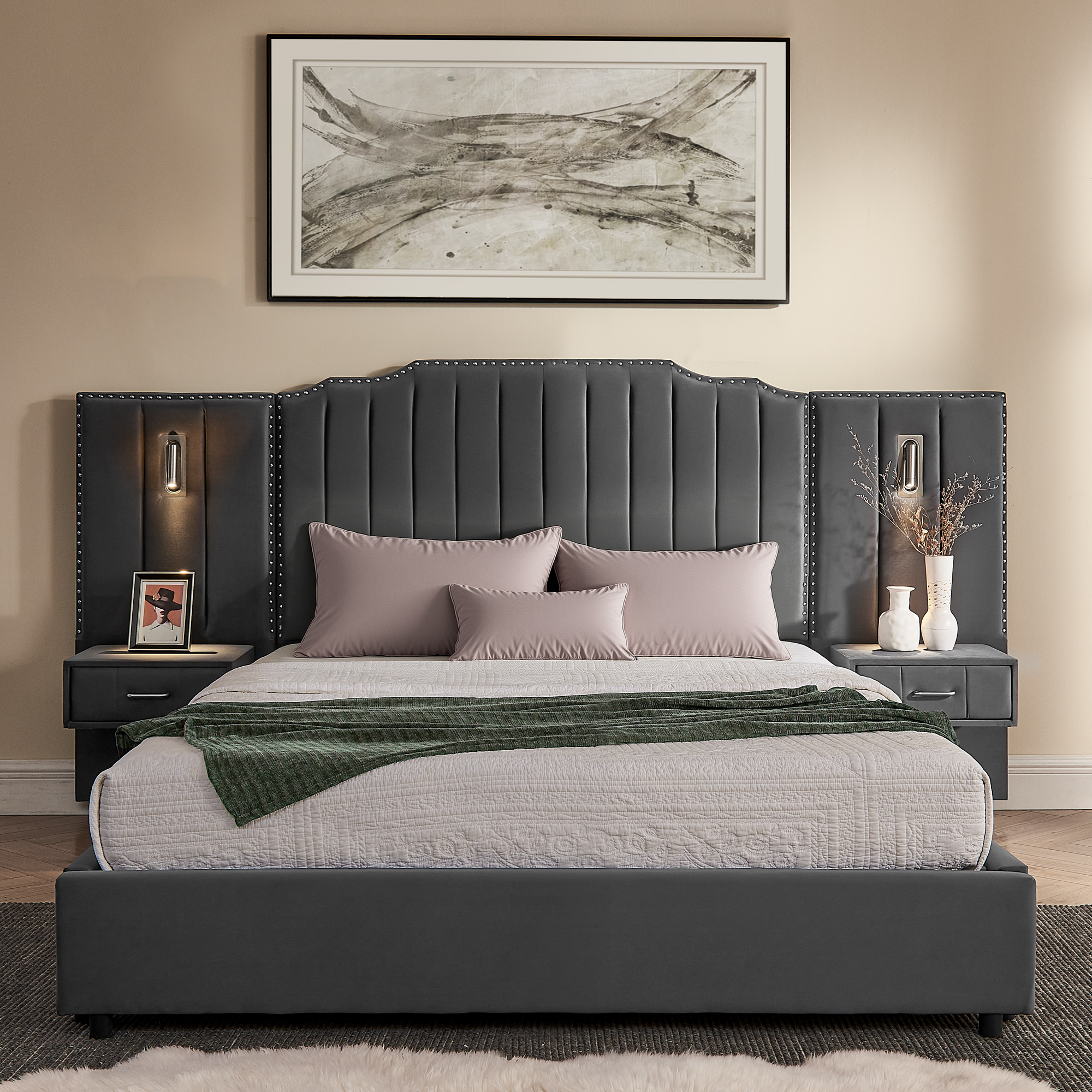 Queen Size Upholstered Bed Frame with Velvet Fabric, Vertical Stripe Design with Buttons Around Platform Bed with Headboard, Solid Frame & Bedside Table - No Box Spring Needed-Gray - Image 5