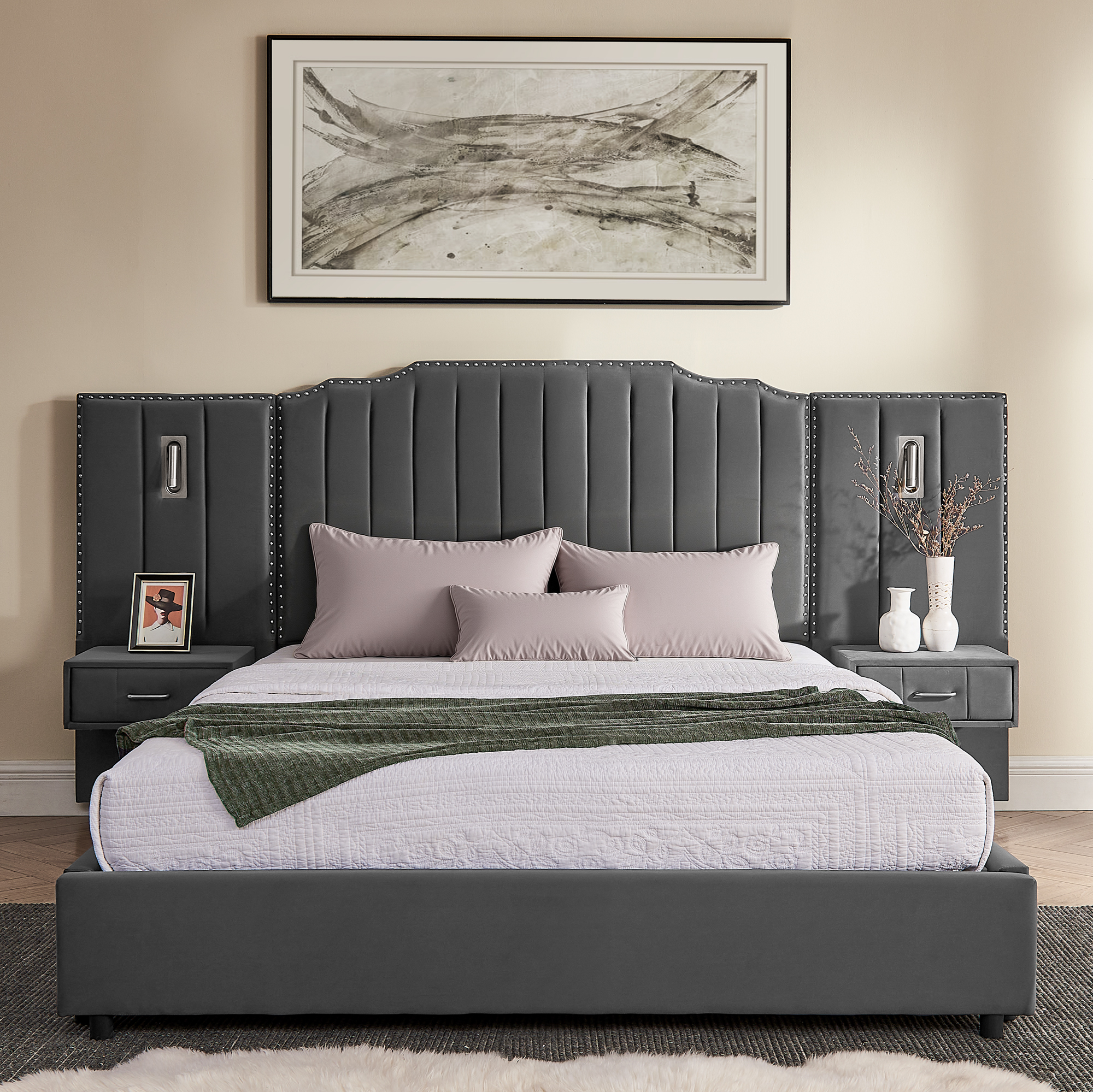 Queen Size Upholstered Bed Frame with Velvet Fabric, Vertical Stripe Design with Buttons Around Platform Bed with Headboard, Solid Frame & Bedside Table - No Box Spring Needed-Gray - Image 6