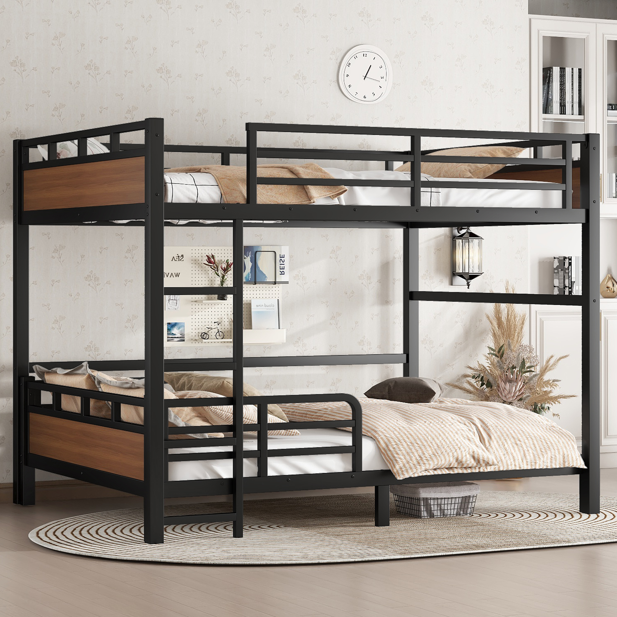 Queen over Queen Metal Bunk Bed/Metal Loft Bed,Separable Bunk Beds,with raised security fence,Walnut Color - Image 2