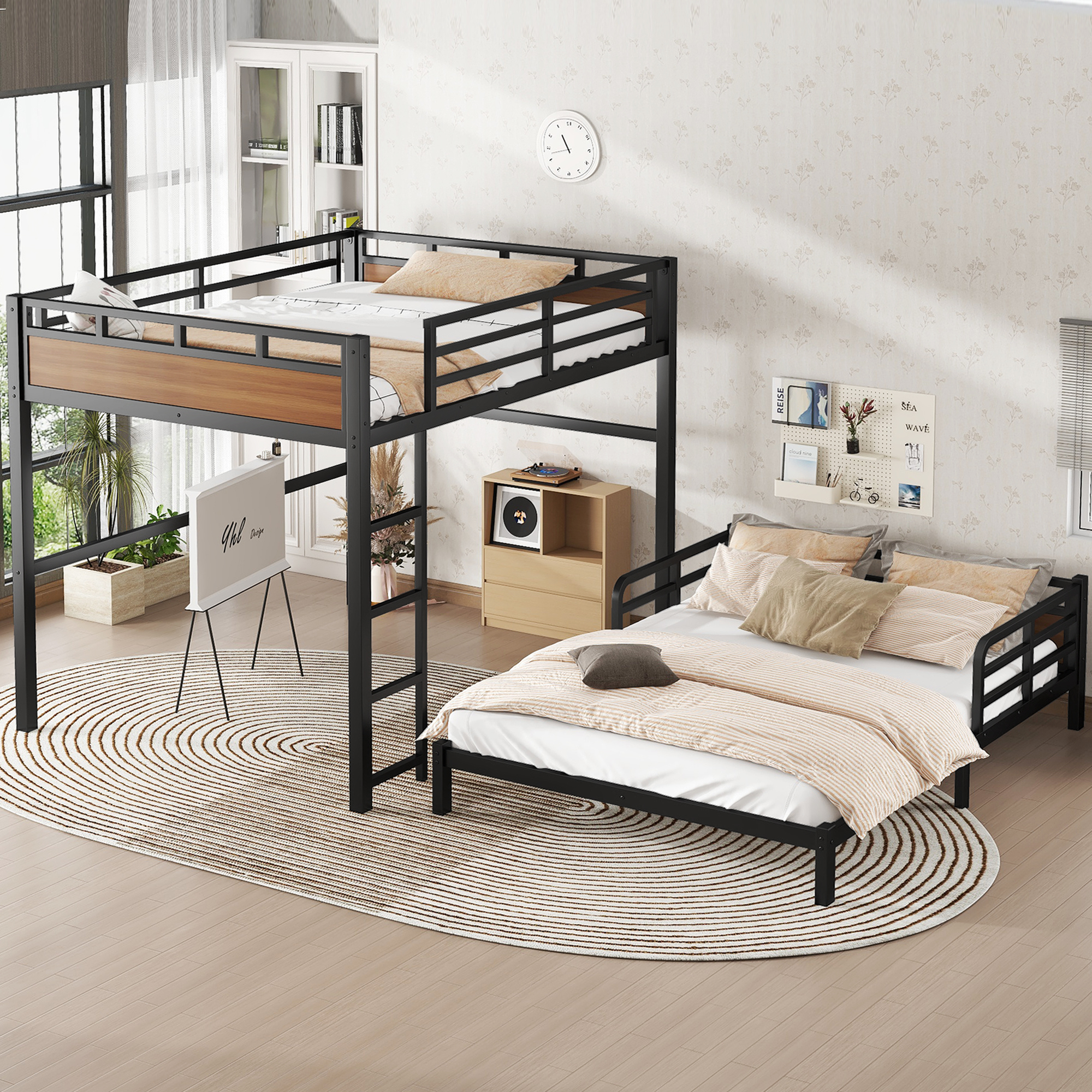 Queen over Queen Metal Bunk Bed/Metal Loft Bed,Separable Bunk Beds,with raised security fence,Walnut Color - Image 3