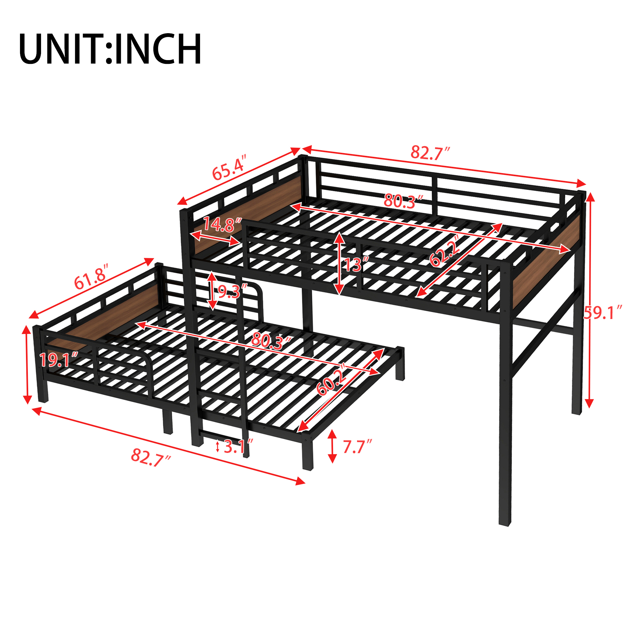 Queen over Queen Metal Bunk Bed/Metal Loft Bed,Separable Bunk Beds,with raised security fence,Walnut Color - Image 4