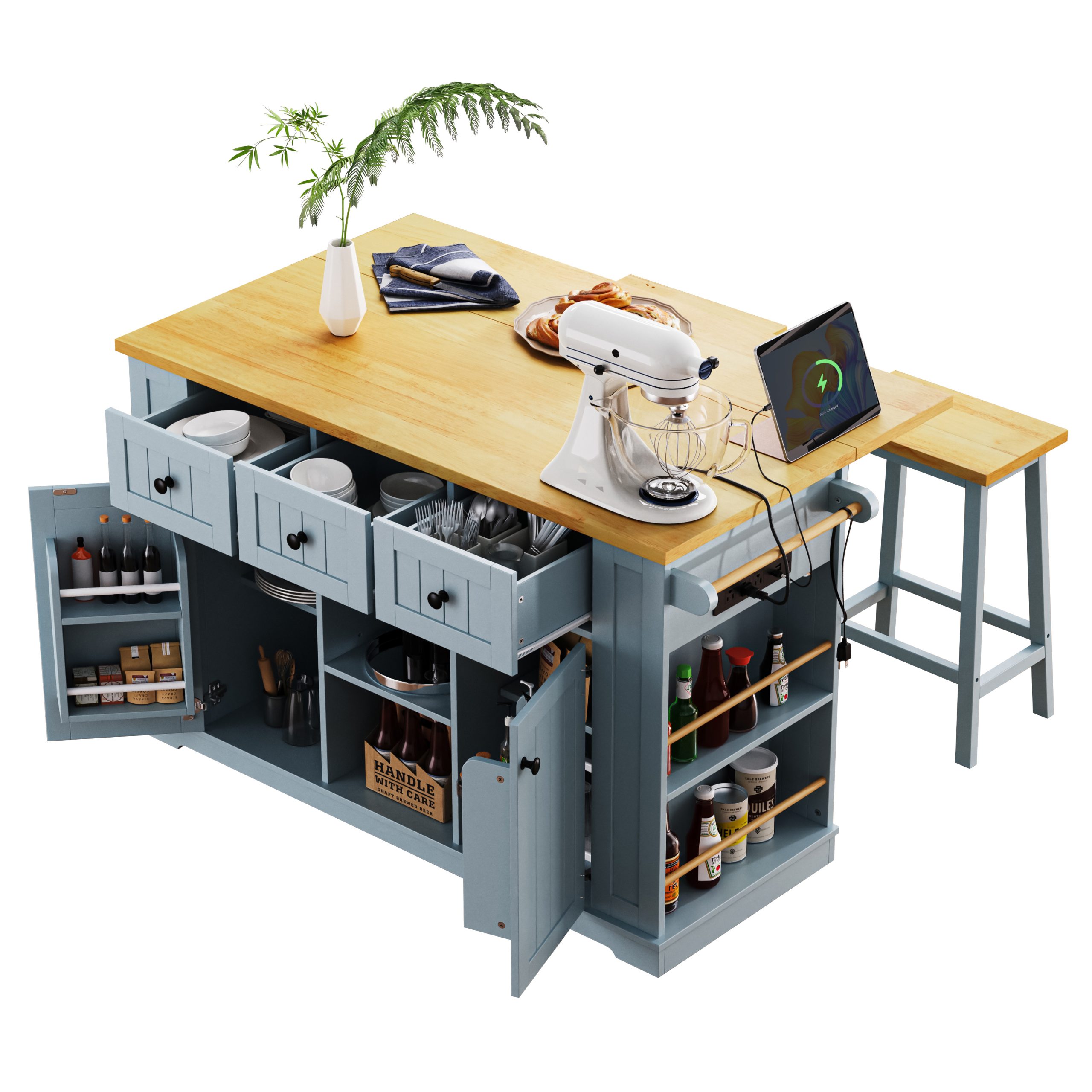 K&K 53inch Large Kitchen Island with Drop Leaf,Power Outlet,Door Internal Storage Rack,Rolling Kitchen Cart on 5 Wheels with 5 Open Side Racks for Kitchen,Grey Blue(Two Packages)(Stools not included) - Image 2