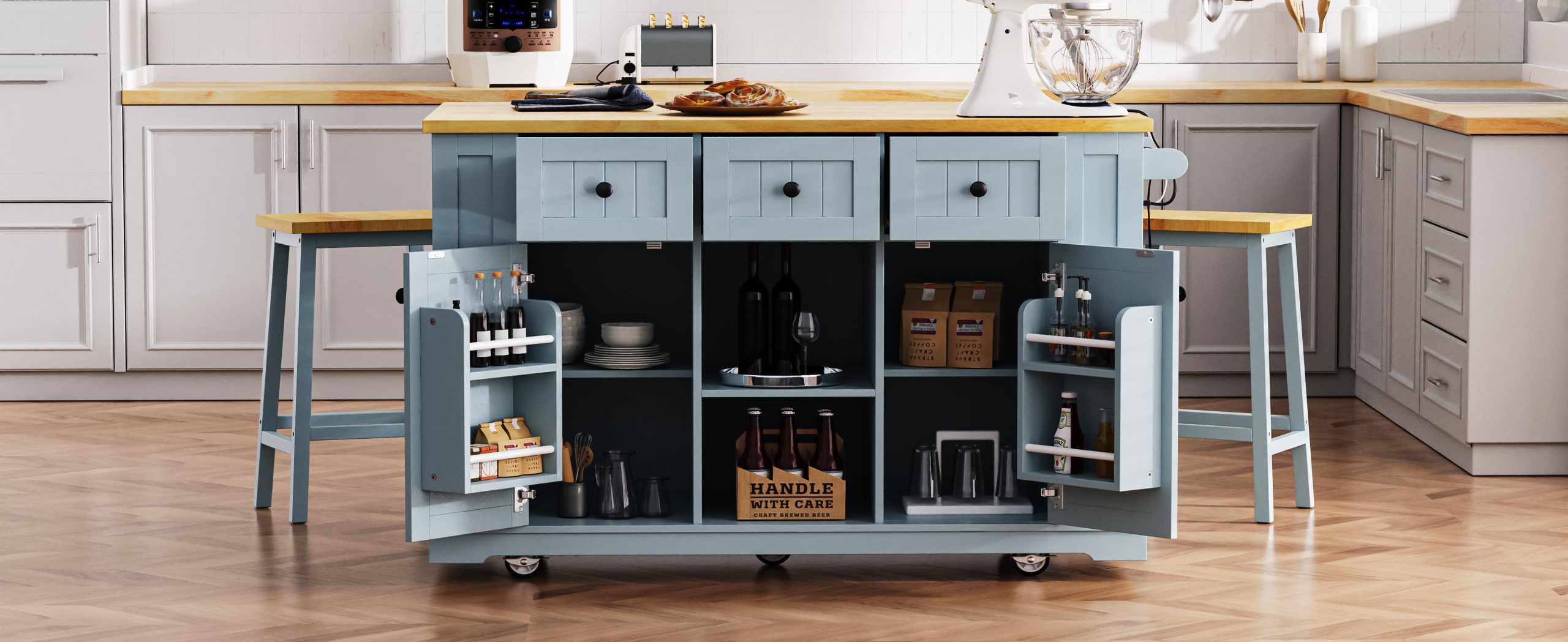 K&K 53inch Large Kitchen Island with Drop Leaf,Power Outlet,Door Internal Storage Rack,Rolling Kitchen Cart on 5 Wheels with 5 Open Side Racks for Kitchen,Grey Blue(Two Packages)(Stools not included) - Image 3