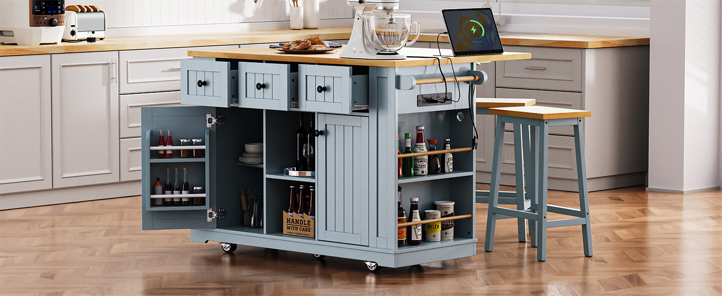 K&K 53inch Large Kitchen Island with Drop Leaf,Power Outlet,Door Internal Storage Rack,Rolling Kitchen Cart on 5 Wheels with 5 Open Side Racks for Kitchen,Grey Blue(Two Packages)(Stools not included) - Image 4