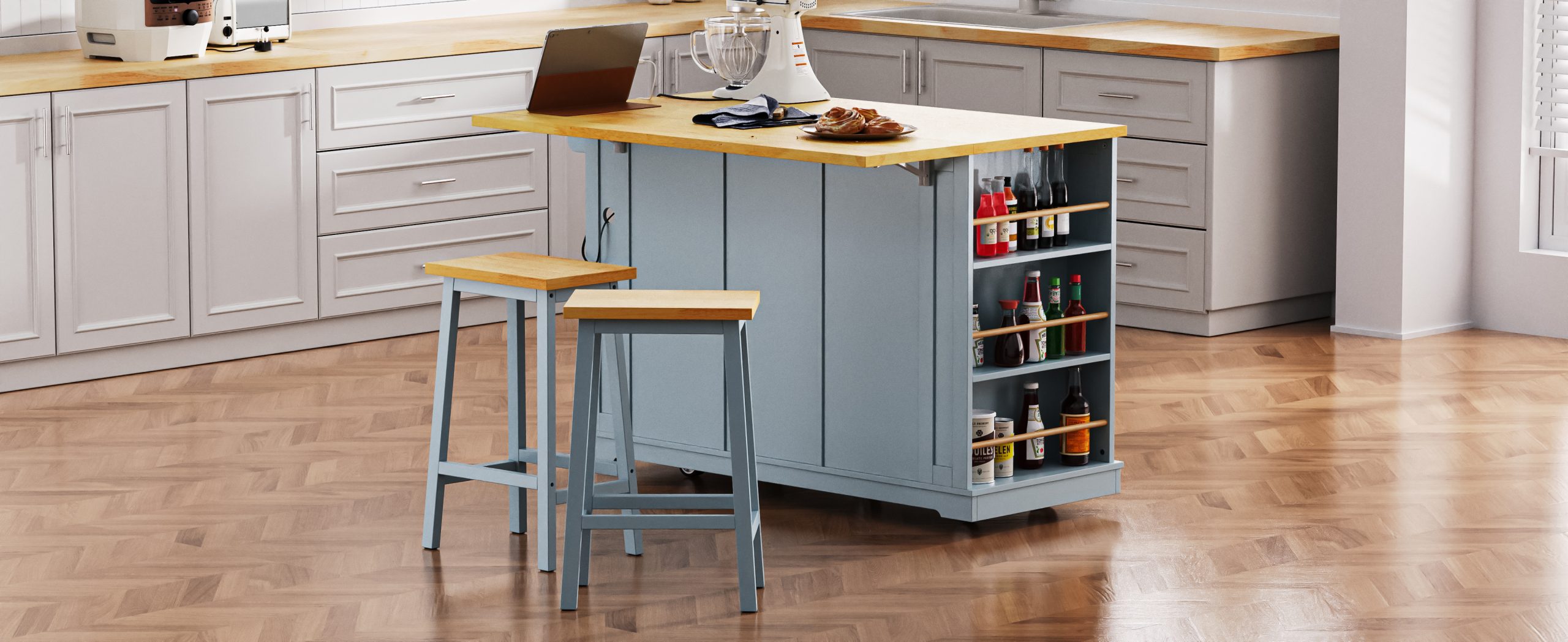 K&K 53inch Large Kitchen Island with Drop Leaf,Power Outlet,Door Internal Storage Rack,Rolling Kitchen Cart on 5 Wheels with 5 Open Side Racks for Kitchen,Grey Blue(Two Packages)(Stools not included) - Image 5
