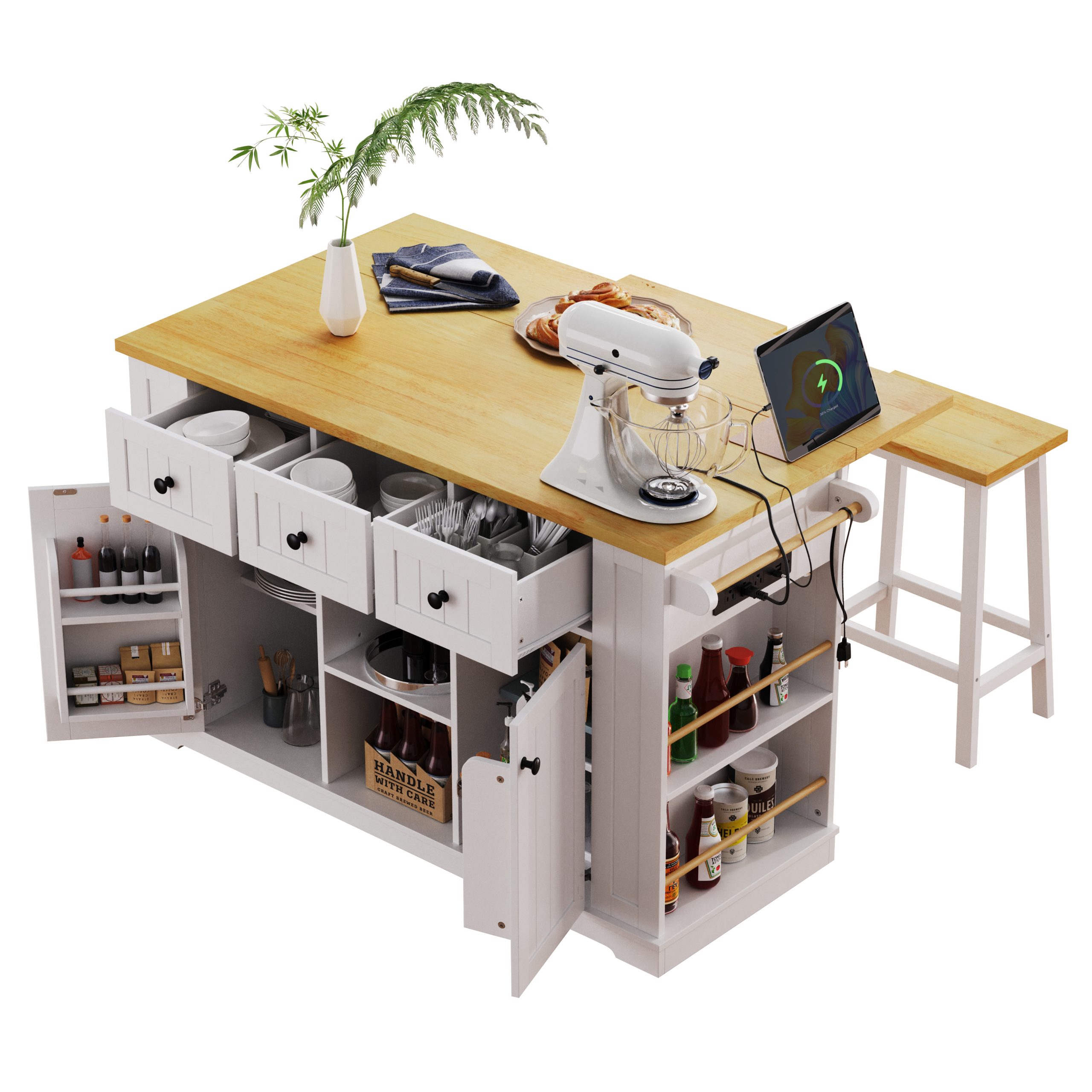K&K 53inch Large Kitchen Island with 2 Bar Stools, Power Outlet,Door Internal Storage Rack, Kitchen Storage Cart on 5 Wheels with Drop Leaf, 5 Open Side Racks, 3 Drawers,White(Three Packages) - Image 2