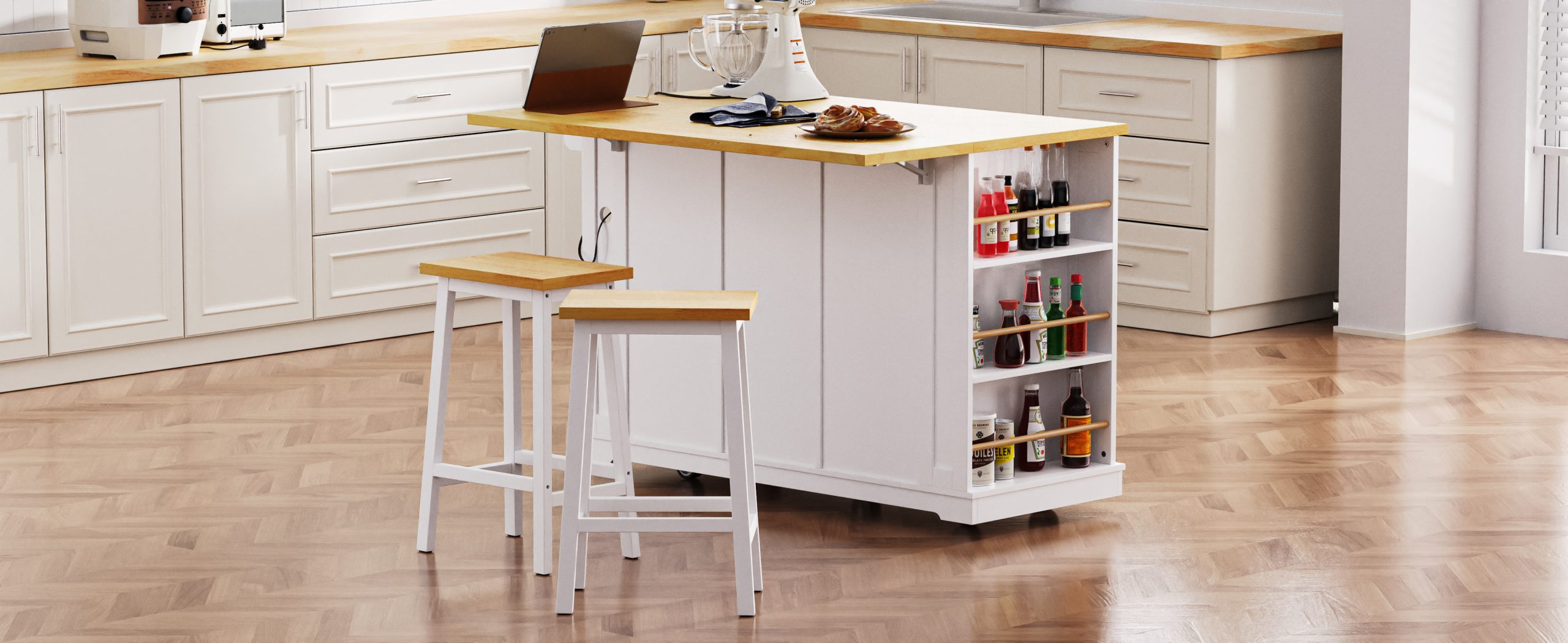 K&K 53inch Large Kitchen Island with 2 Bar Stools, Power Outlet,Door Internal Storage Rack, Kitchen Storage Cart on 5 Wheels with Drop Leaf, 5 Open Side Racks, 3 Drawers,White(Three Packages) - Image 3