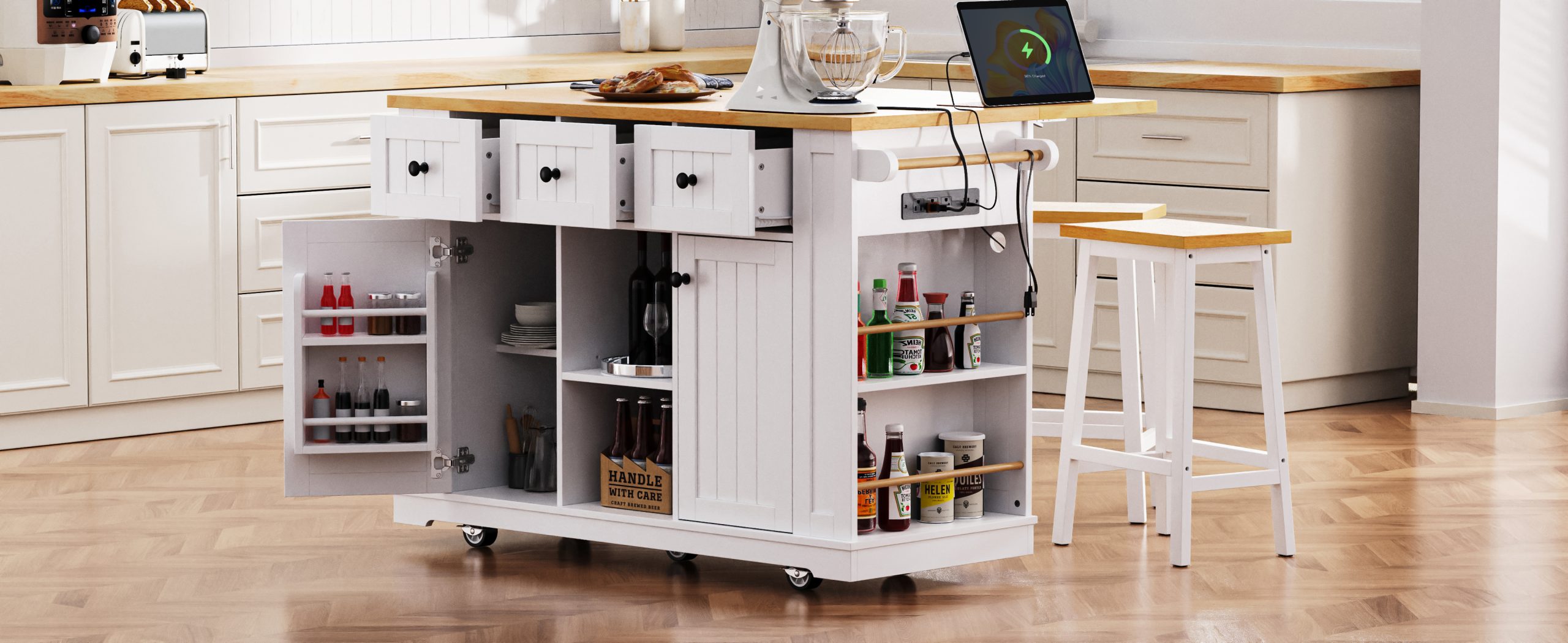 K&K 53inch Large Kitchen Island with 2 Bar Stools, Power Outlet,Door Internal Storage Rack, Kitchen Storage Cart on 5 Wheels with Drop Leaf, 5 Open Side Racks, 3 Drawers,White(Three Packages) - Image 4