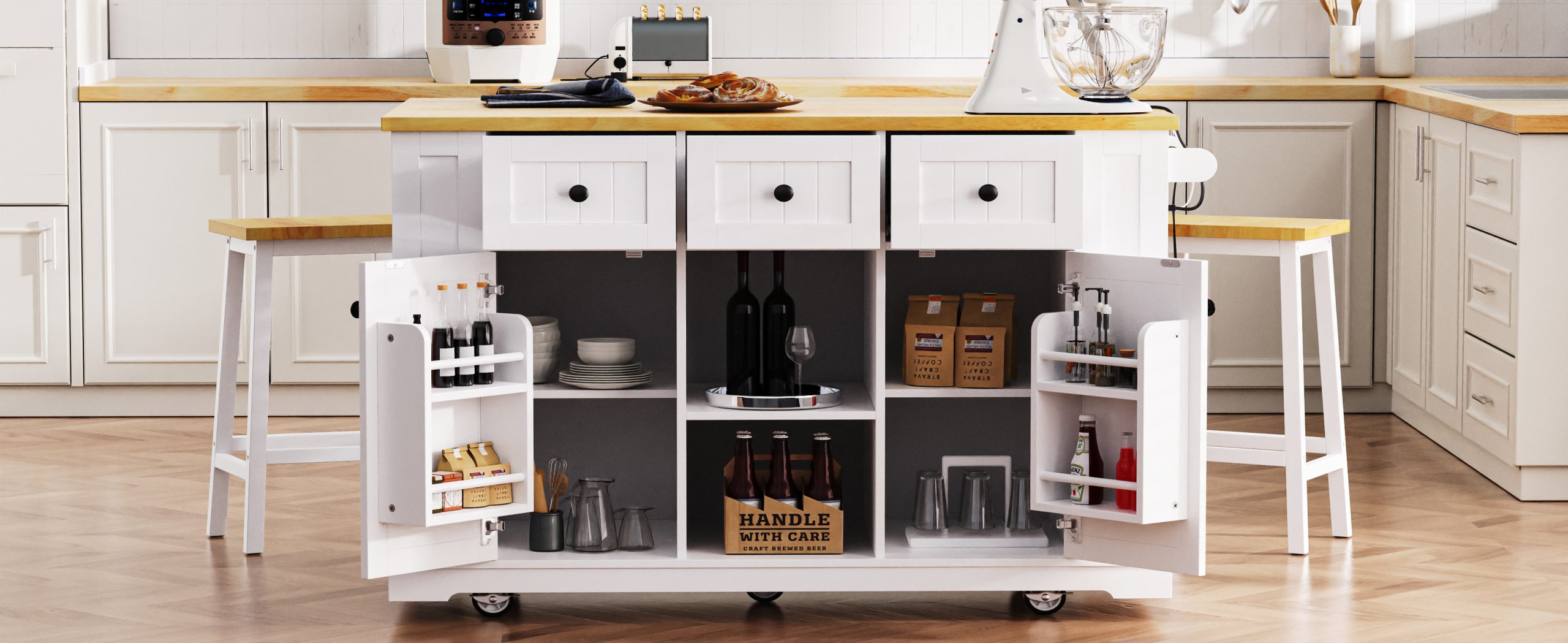 K&K 53inch Large Kitchen Island with 2 Bar Stools, Power Outlet,Door Internal Storage Rack, Kitchen Storage Cart on 5 Wheels with Drop Leaf, 5 Open Side Racks, 3 Drawers,White(Three Packages) - Image 5