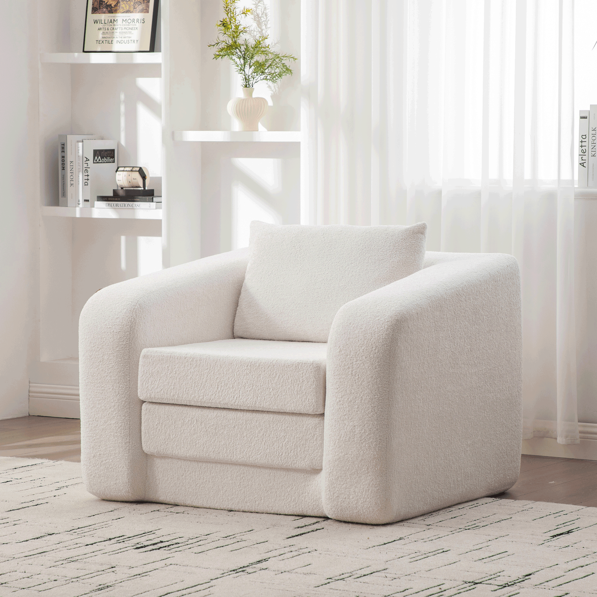 40″ Foldable Single Sofa Bed with Armrest & Backrest, Convertible Chenille Boneless Cloud Floor Mattress Sleeper Lounge Accent Chair with Pillow for Apartment Living Room Bedroom Dorm Guestroom, Ivory