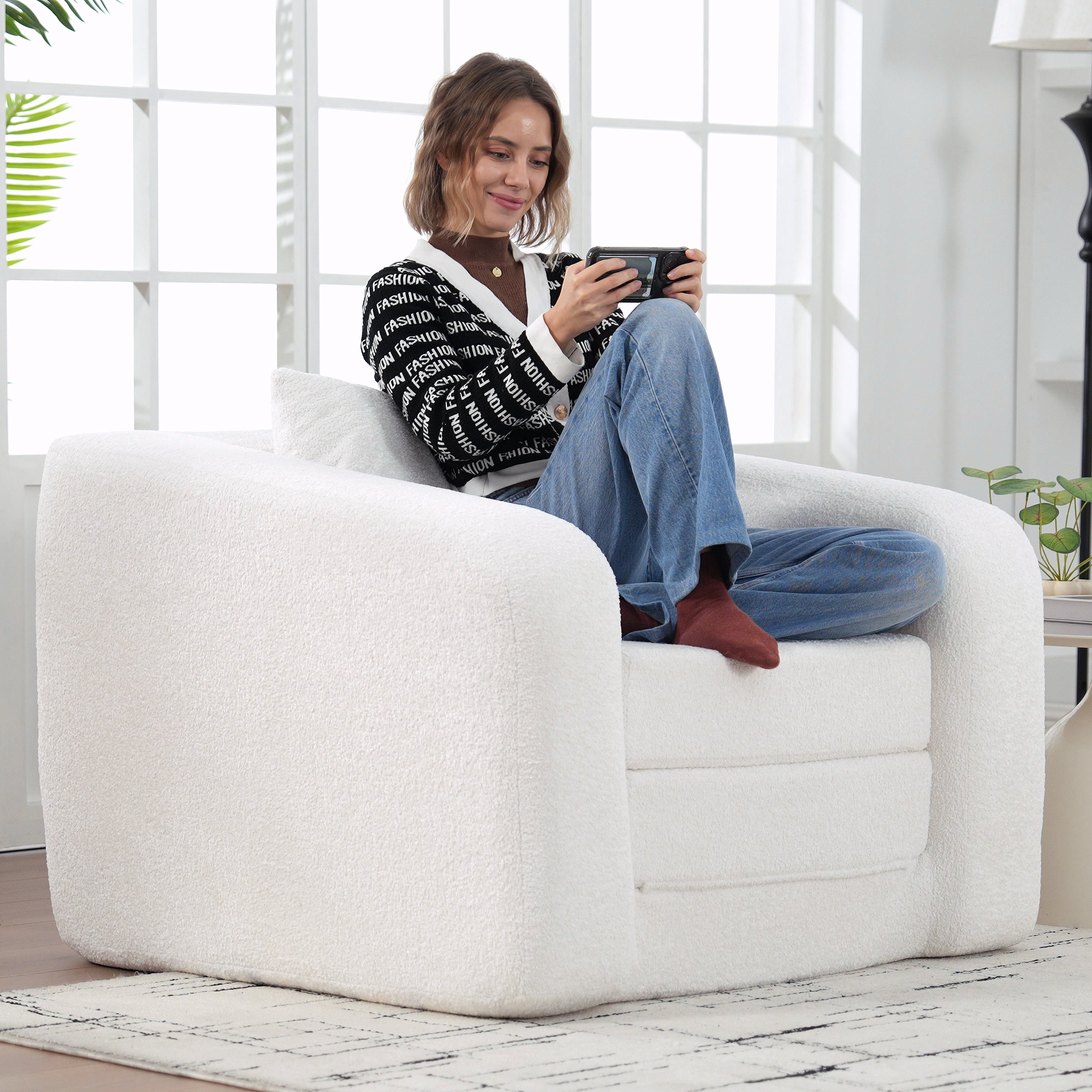 40" Foldable Single Sofa Bed with Armrest & Backrest, Convertible Chenille Boneless Cloud Floor Mattress Sleeper Lounge Accent Chair with Pillow for Apartment Living Room Bedroom Dorm Guestroom, Ivory - Image 2
