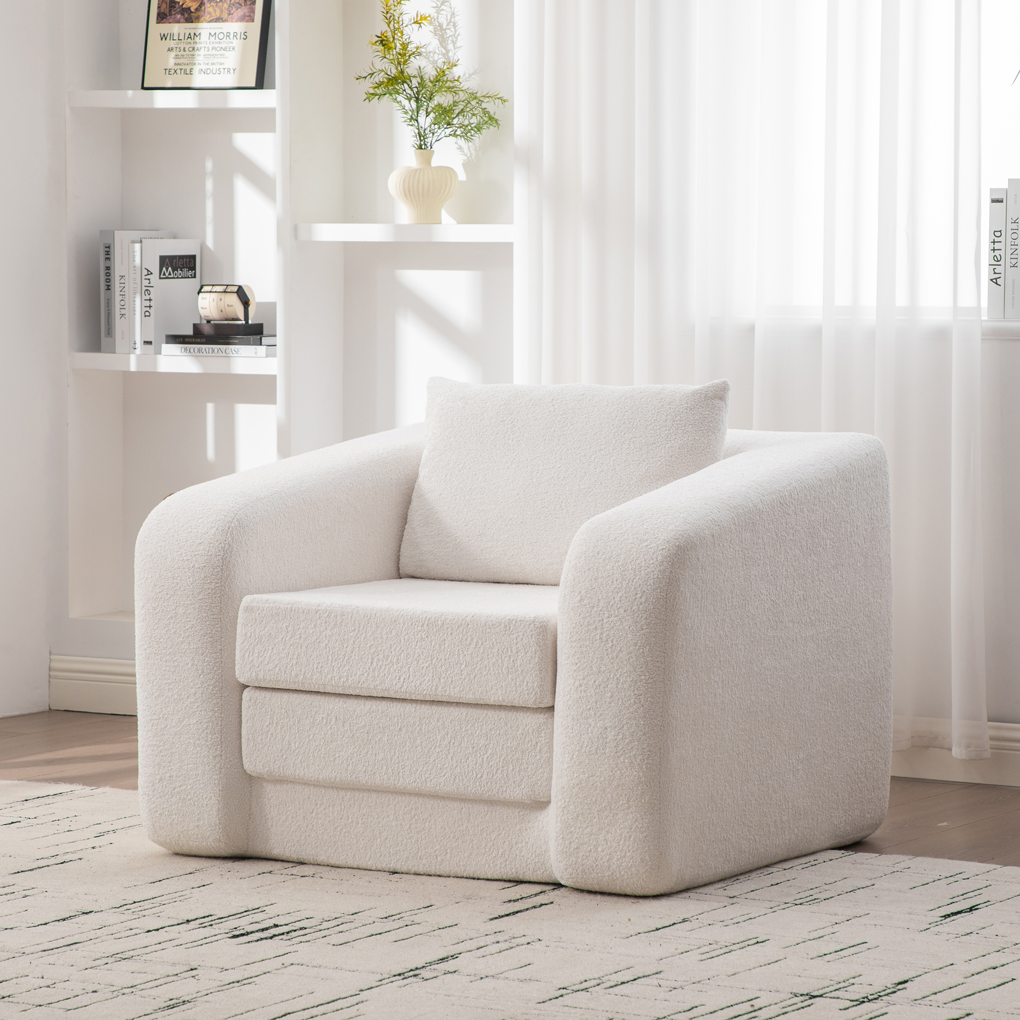 40" Foldable Single Sofa Bed with Armrest & Backrest, Convertible Chenille Boneless Cloud Floor Mattress Sleeper Lounge Accent Chair with Pillow for Apartment Living Room Bedroom Dorm Guestroom, Ivory - Image 3