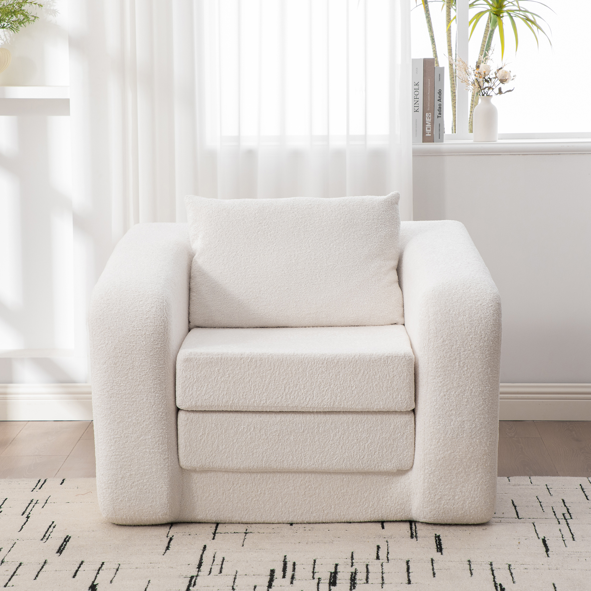 40" Foldable Single Sofa Bed with Armrest & Backrest, Convertible Chenille Boneless Cloud Floor Mattress Sleeper Lounge Accent Chair with Pillow for Apartment Living Room Bedroom Dorm Guestroom, Ivory - Image 5