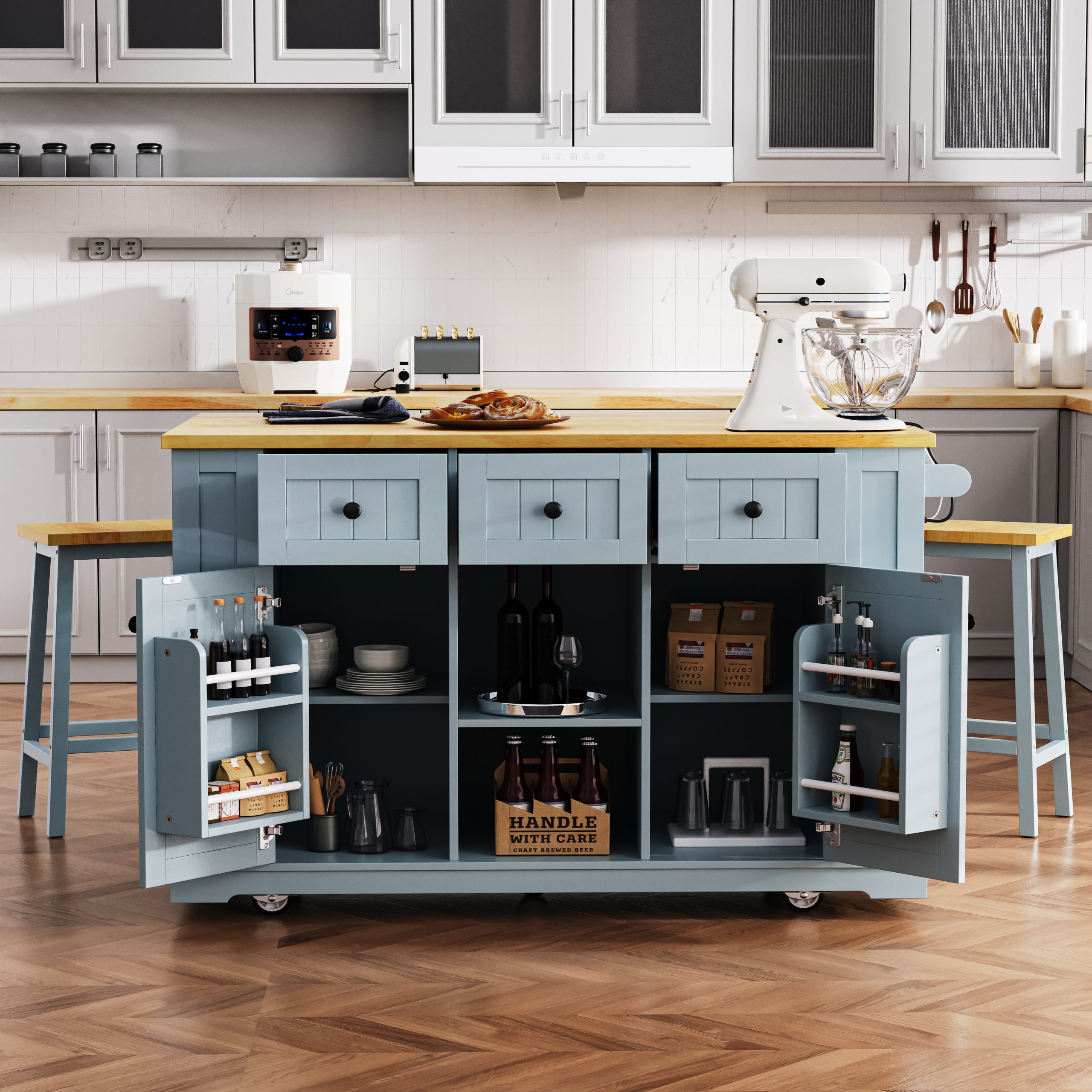 K&K 53inch Large Kitchen Island with Drop Leaf,Power Outlet,Door Internal Storage Rack,Rolling Kitchen Cart on 5 Wheels with 5 Open Side Racks for Kitchen,Grey Blue(Two Packages)(Stools not included) - Image 6