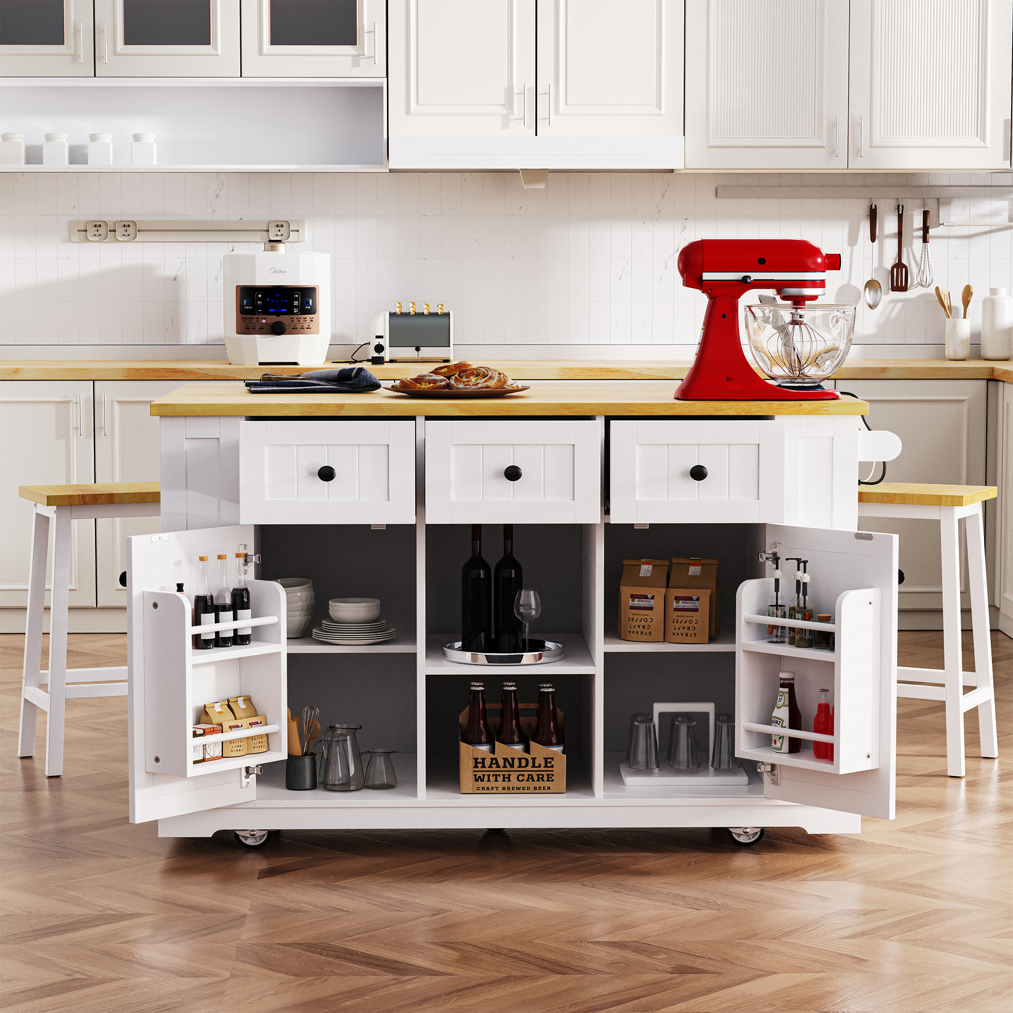 K&K 53inch Large Kitchen Island with Drop Leaf,Power Outlet,Door Internal Storage Rack,Rolling Kitchen Cart on 5 Wheels with 5 Open Side Racks for Kitchen,White (Two Packages)(Stools not included) - Image 6