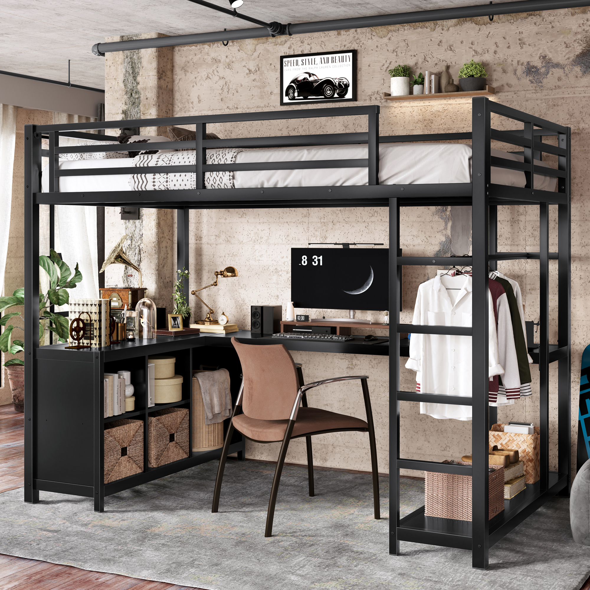 Metal Loft Bed with Wardrobe and L-shaped Desk, Twin XL Size Loft Bed with Storage Cubes and Shelves, Loft Bed for Kids Teens Adults, Black - Image 1