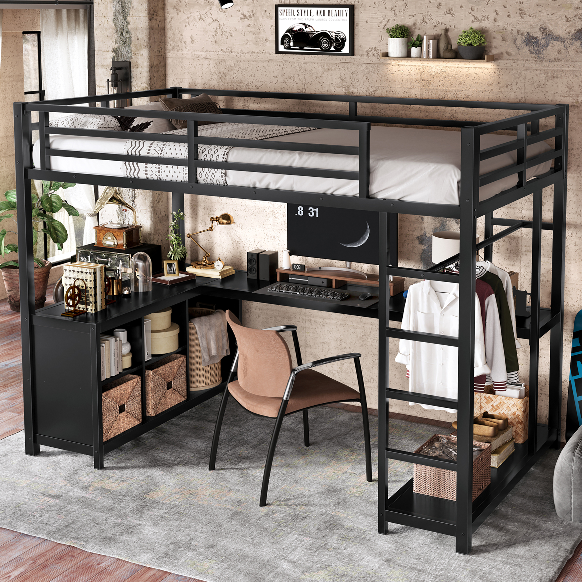 Metal Loft Bed with Wardrobe and L-shaped Desk, Twin XL Size Loft Bed with Storage Cubes and Shelves, Loft Bed for Kids Teens Adults, Black - Image 2