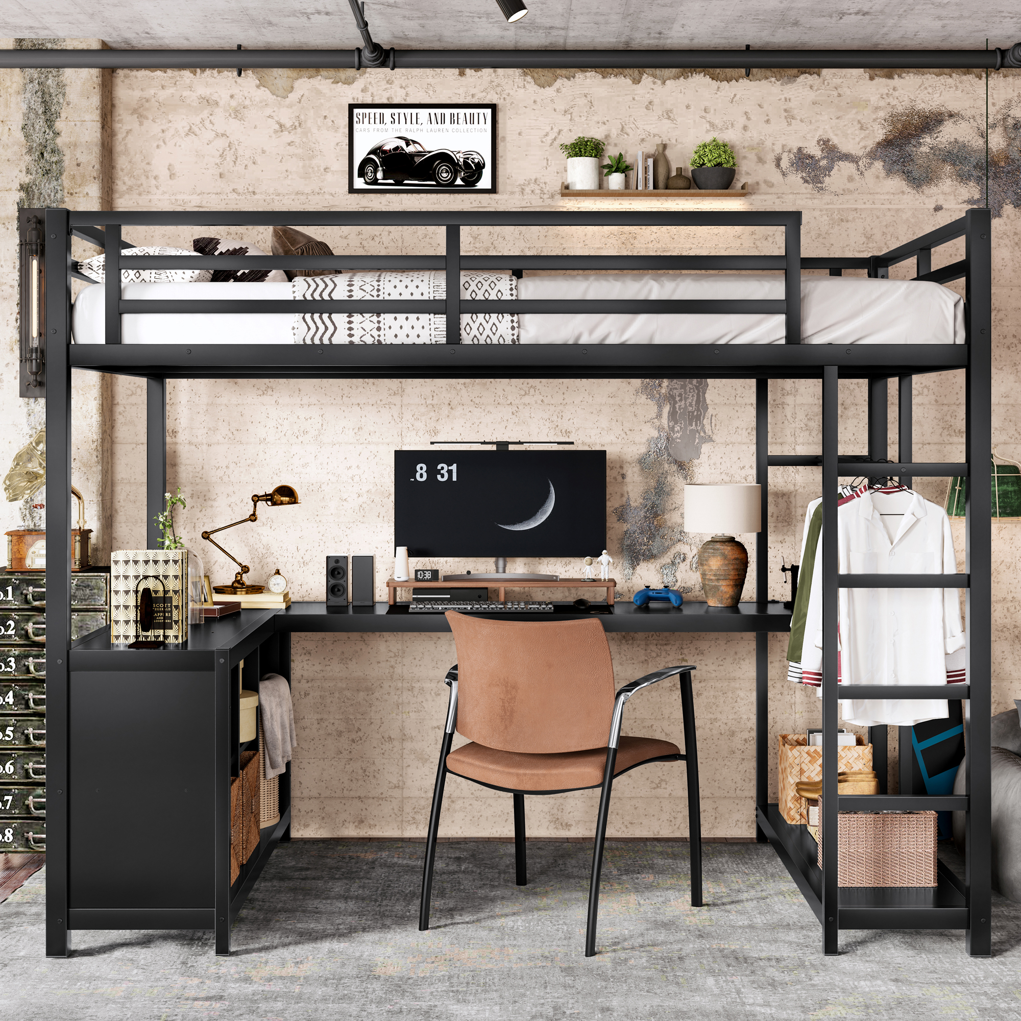 Metal Loft Bed with Wardrobe and L-shaped Desk, Twin XL Size Loft Bed with Storage Cubes and Shelves, Loft Bed for Kids Teens Adults, Black - Image 3