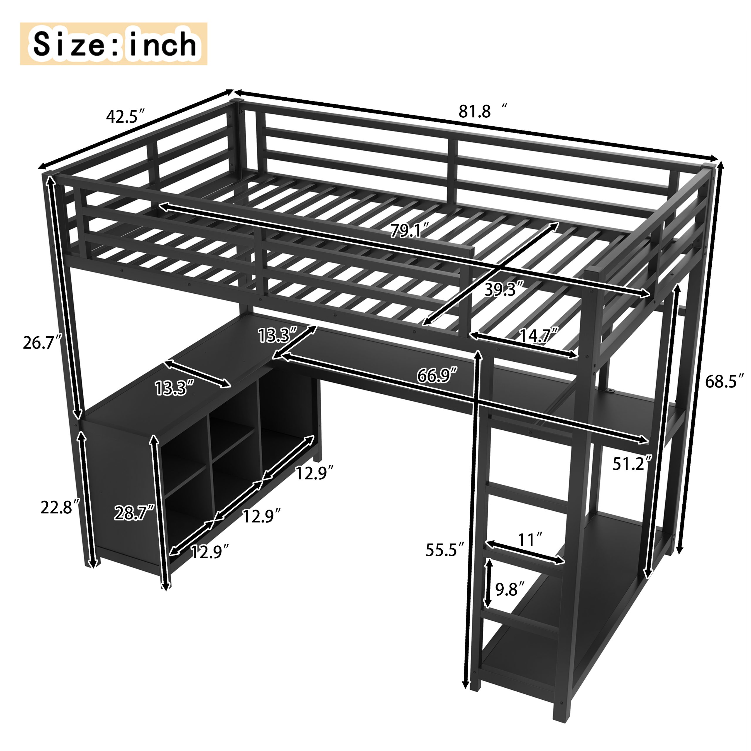 Metal Loft Bed with Wardrobe and L-shaped Desk, Twin XL Size Loft Bed with Storage Cubes and Shelves, Loft Bed for Kids Teens Adults, Black - Image 4