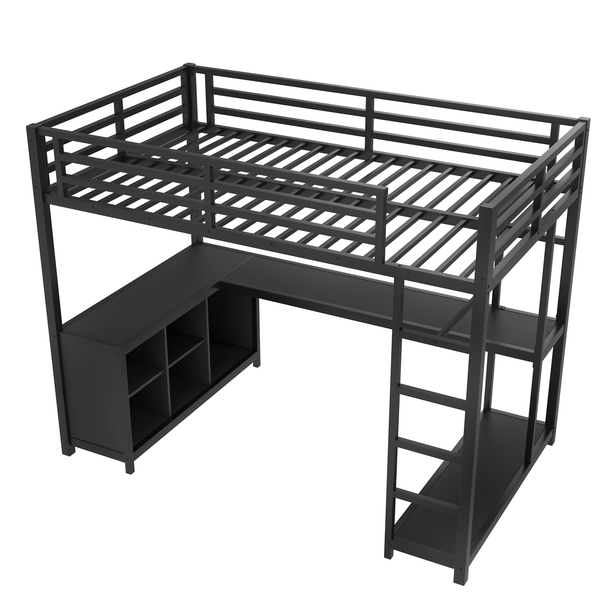 Metal Loft Bed with Wardrobe and L-shaped Desk, Twin XL Size Loft Bed with Storage Cubes and Shelves, Loft Bed for Kids Teens Adults, Black - Image 5