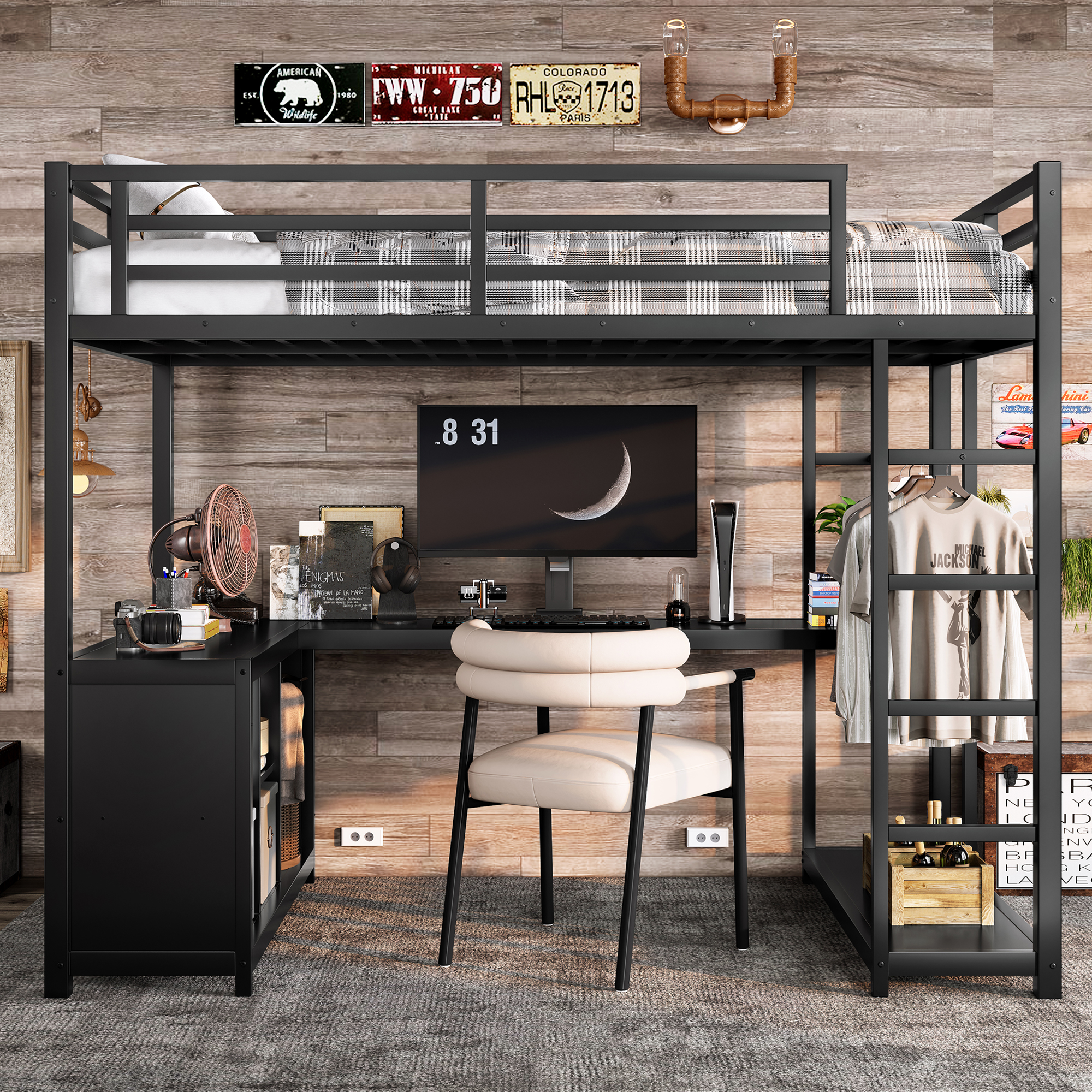 Metal Loft Bed with Wardrobe and L-shaped Desk, Twin Size Loft Bed with Storage Cubes and Shelves, Loft Bed for Kids Teens Adults, Black - Image 2