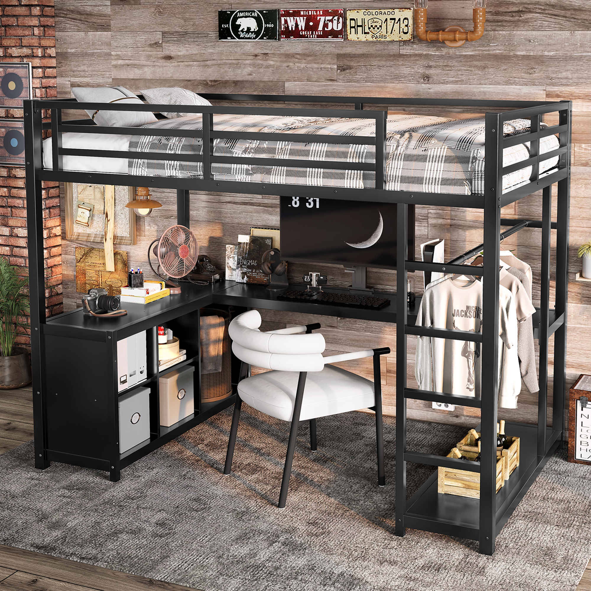 Metal Loft Bed with Wardrobe and L-shaped Desk, Twin Size Loft Bed with Storage Cubes and Shelves, Loft Bed for Kids Teens Adults, Black - Image 3